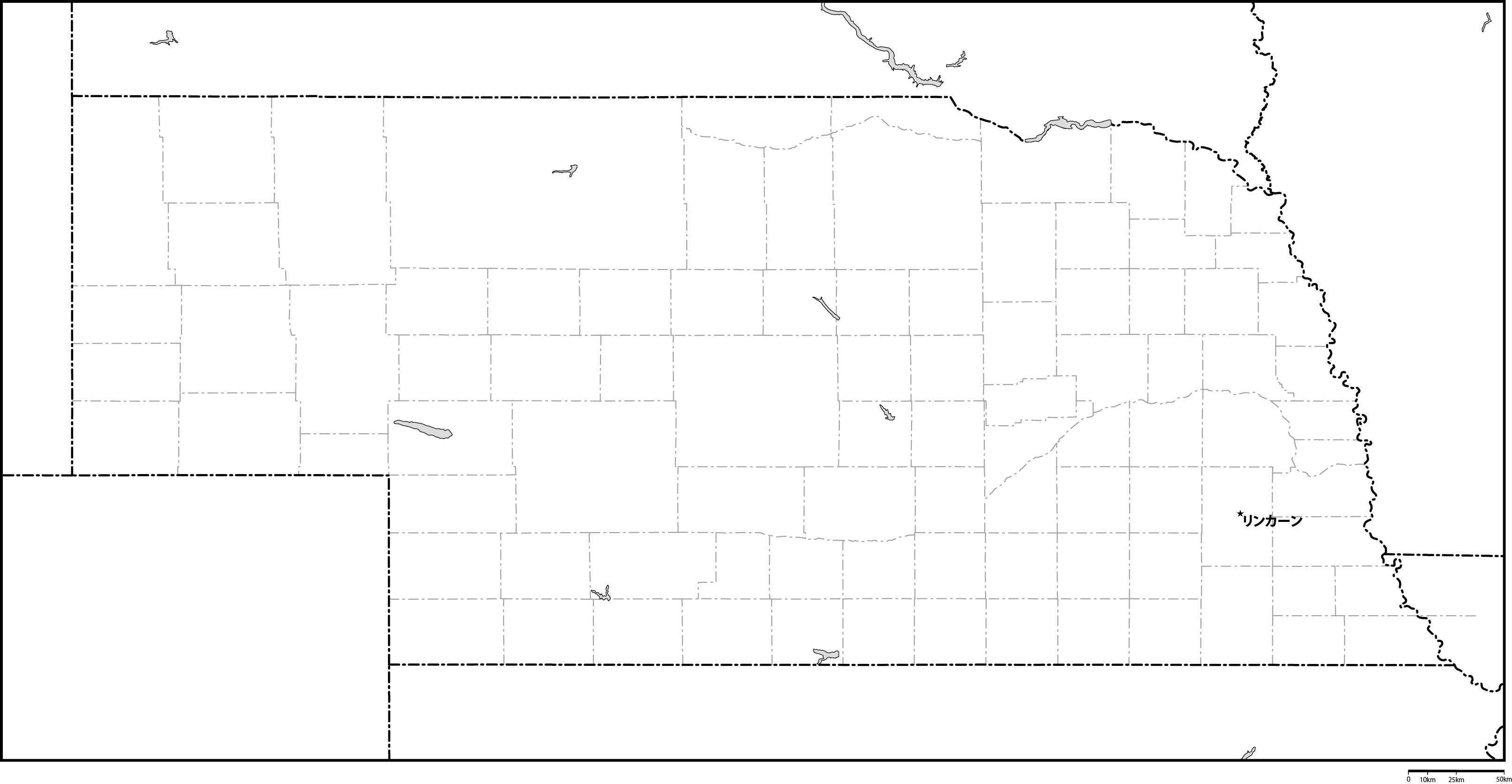 ネブラスカ州郡分け白地図州都あり(日本語)フリーデータの画像