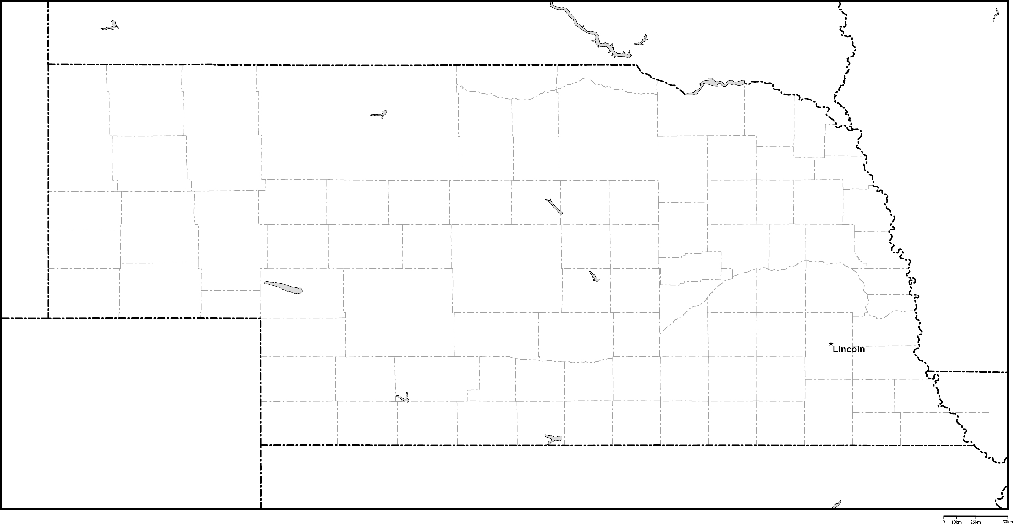 ネブラスカ州郡分け白地図州都あり(英語)フリーデータの画像