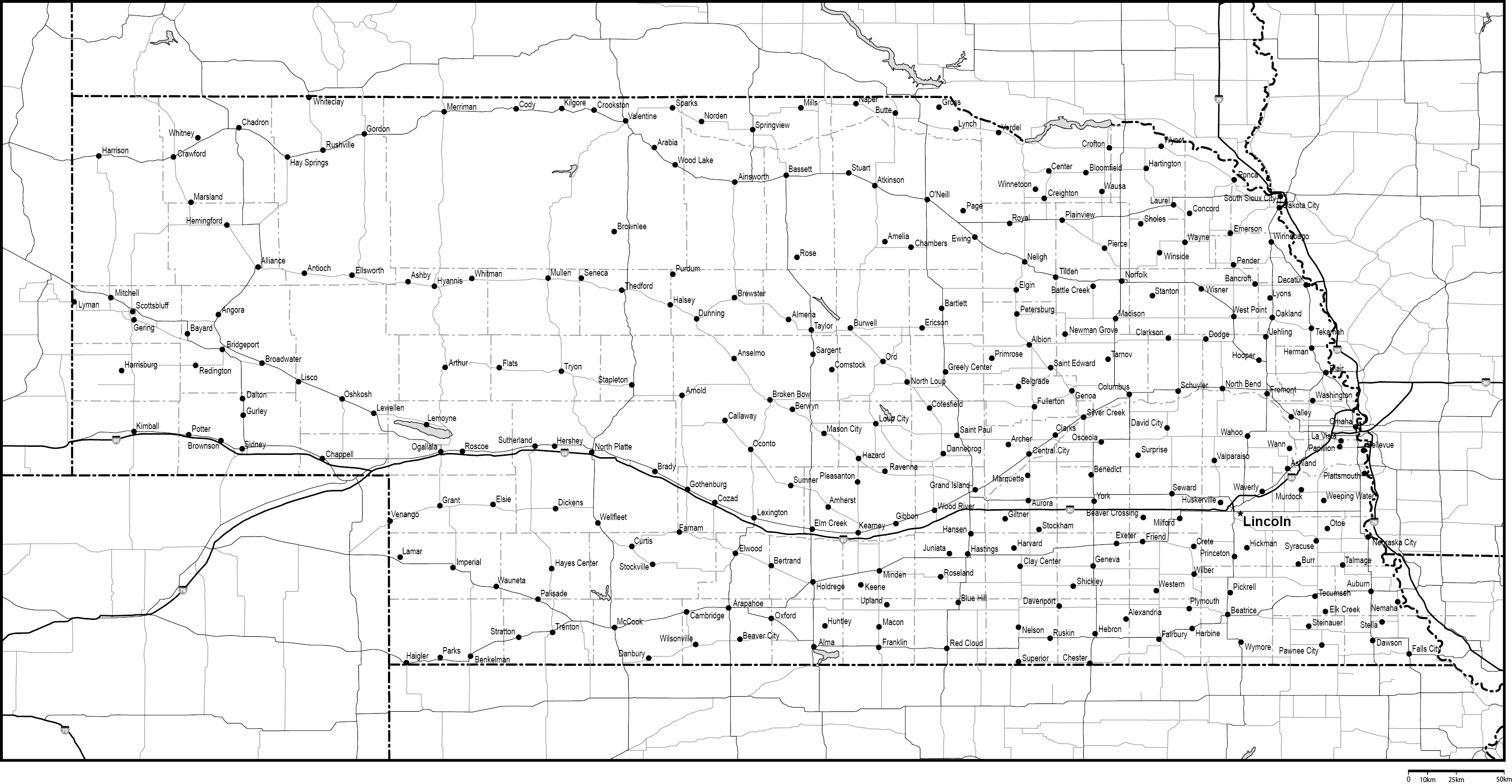 ネブラスカ州郡分け白地図州都・主な都市・道路あり(英語)フリーデータの画像