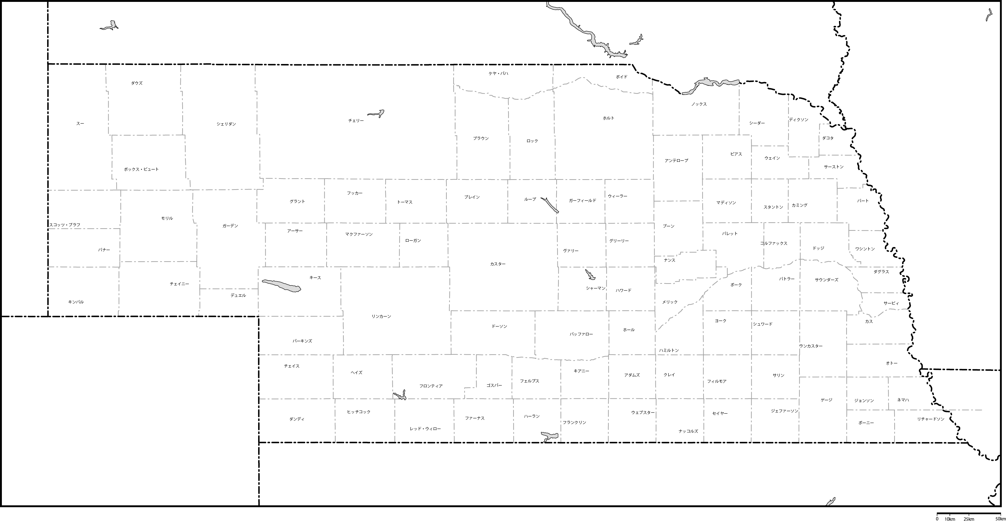 ネブラスカ州郡分け地図郡名あり(日本語)フリーデータの画像