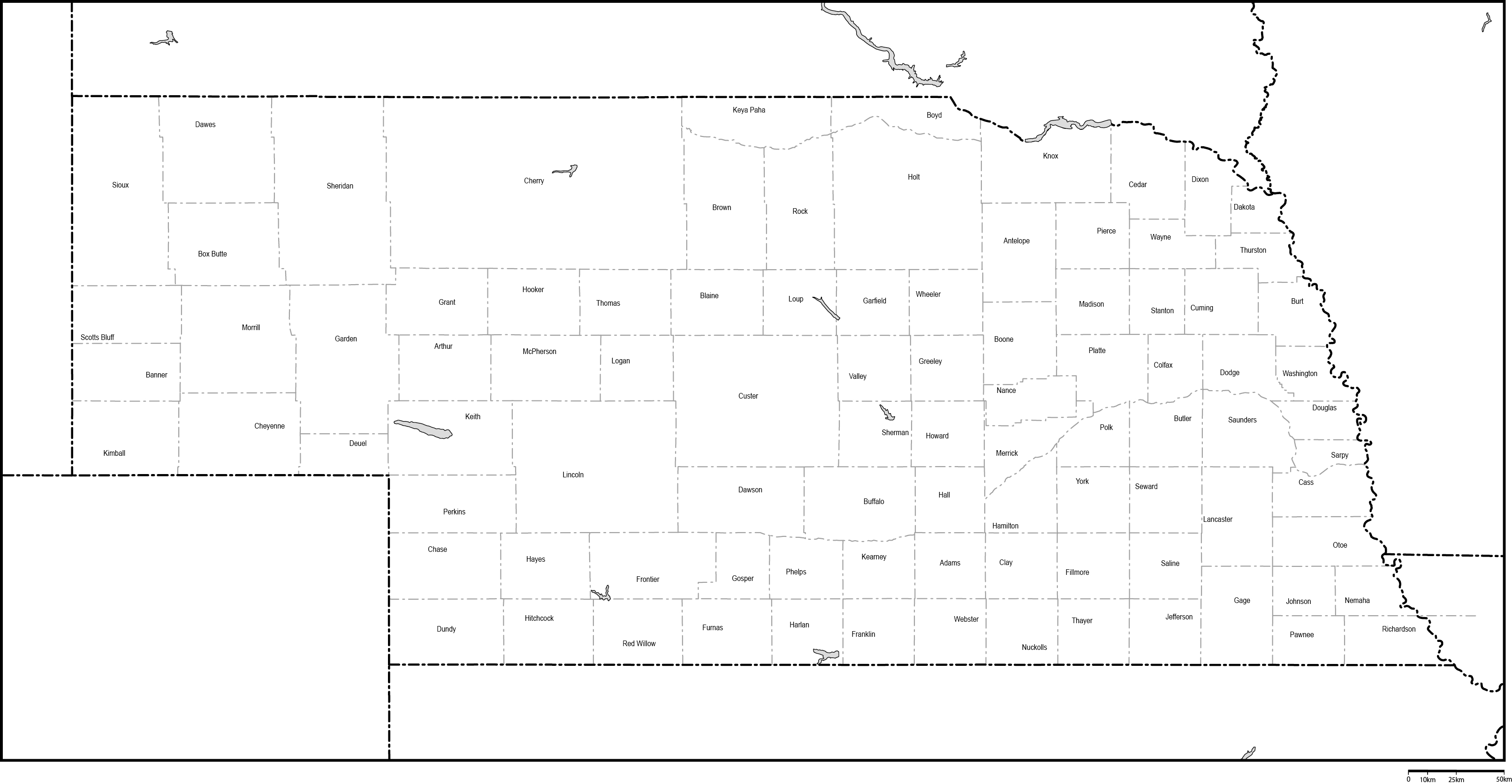 ネブラスカ州郡分け白地図郡名あり(英語)フリーデータの画像