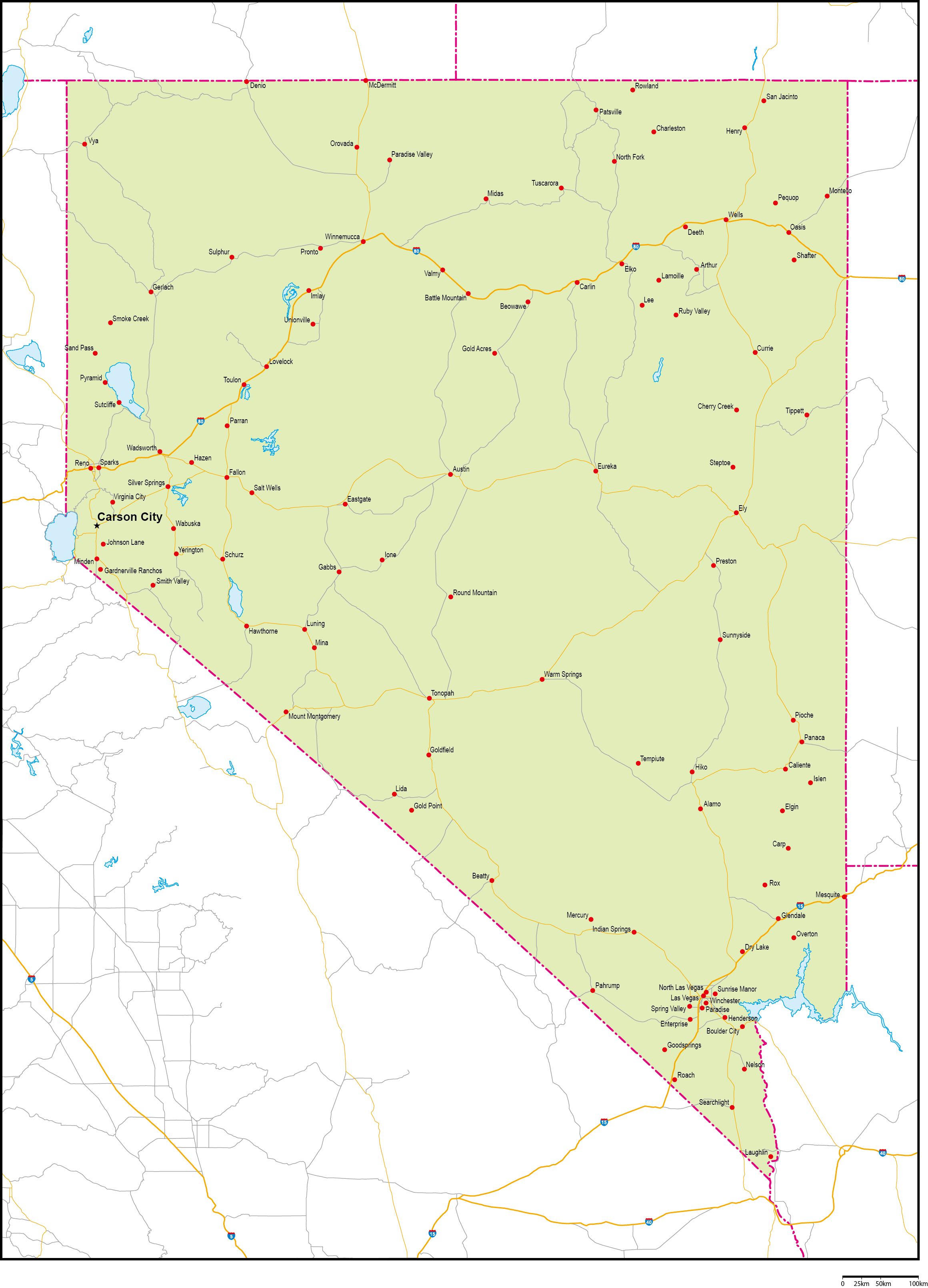 ネバダ州地図州都・主な都市・道路あり(英語)フリーデータの画像