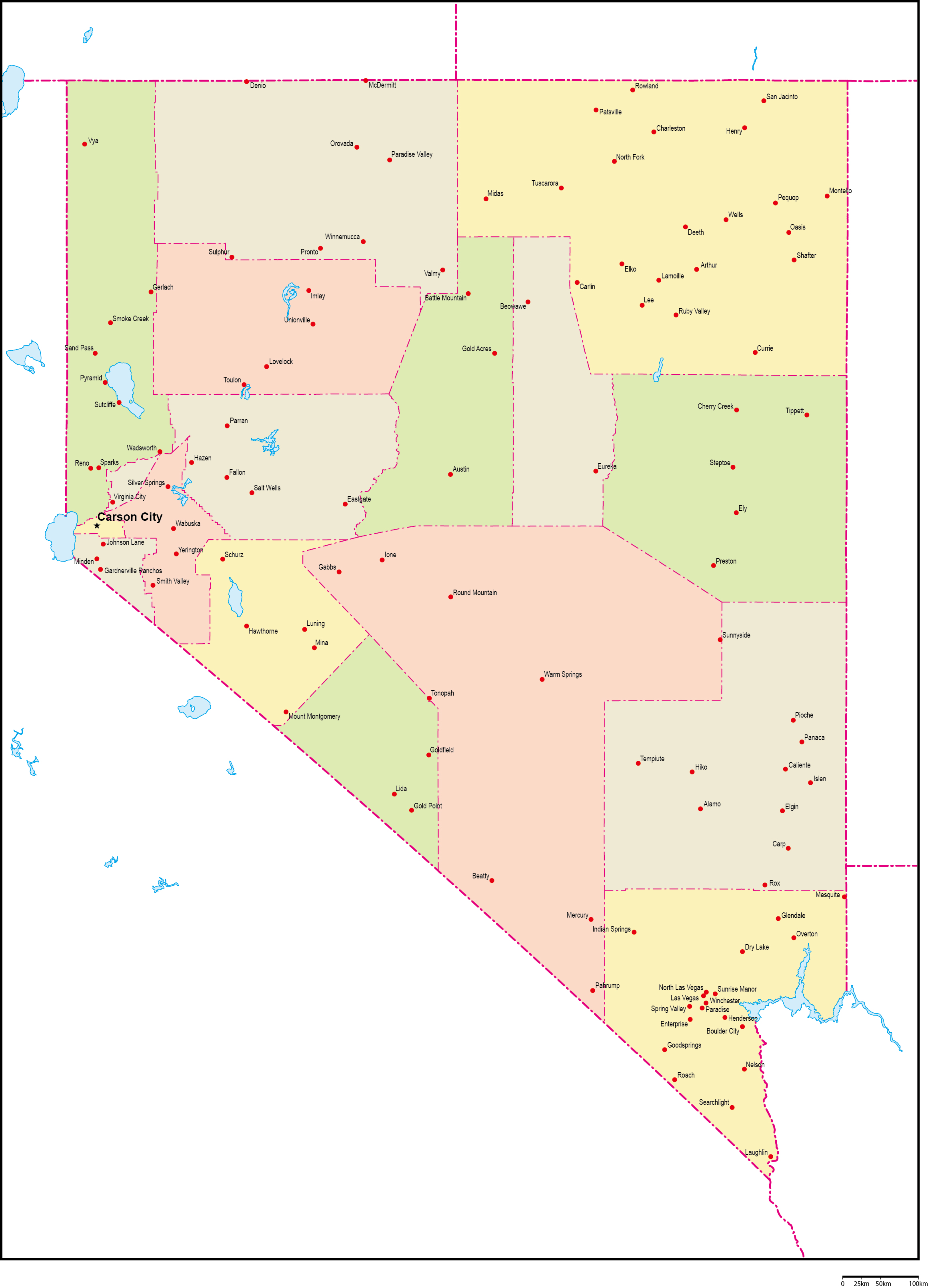 ネバダ州郡色分け地図州都・主な都市あり(英語)フリーデータの画像