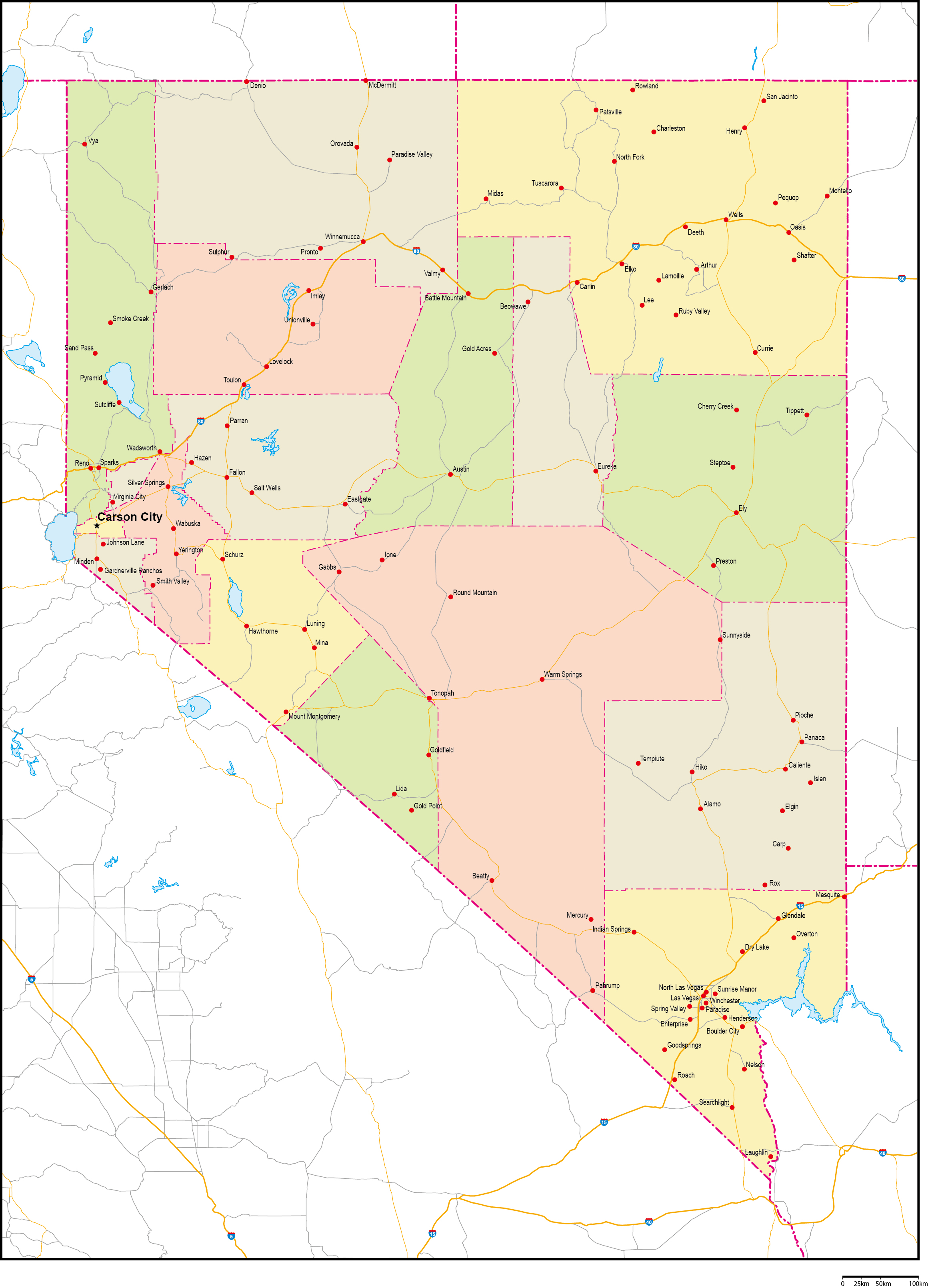 ネバダ州郡色分け地図州都・主な都市・道路あり(英語)フリーデータの画像