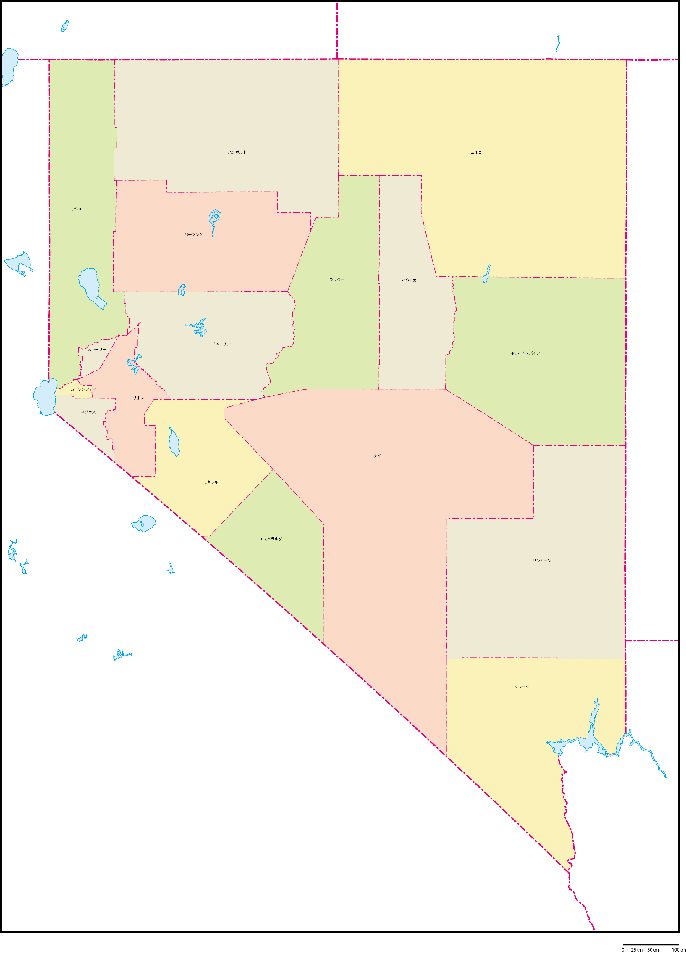 ネバダ州郡色分け地図郡名あり(日本語)フリーデータの画像