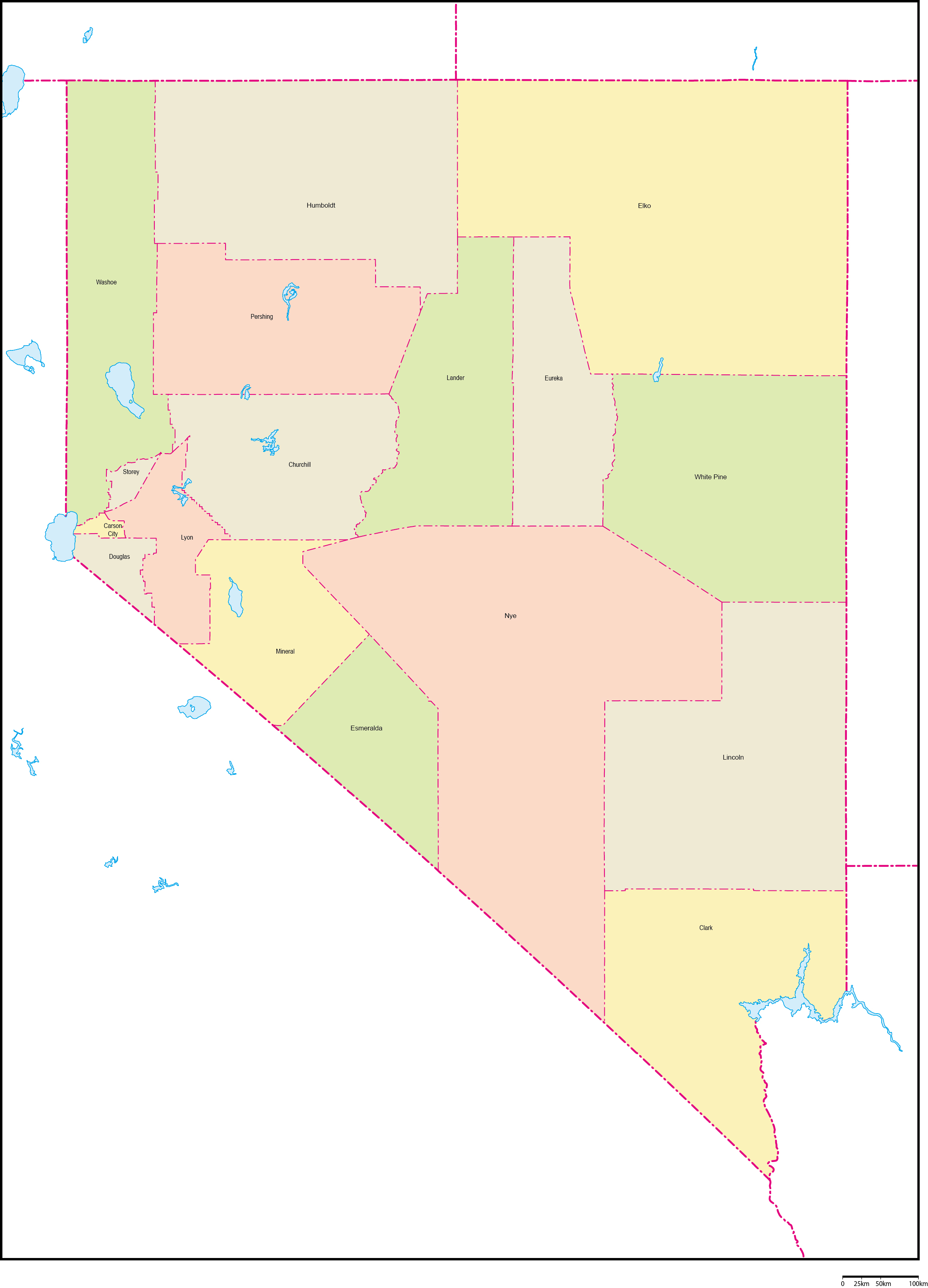 ネバダ州郡色分け地図郡名あり(英語)フリーデータの画像