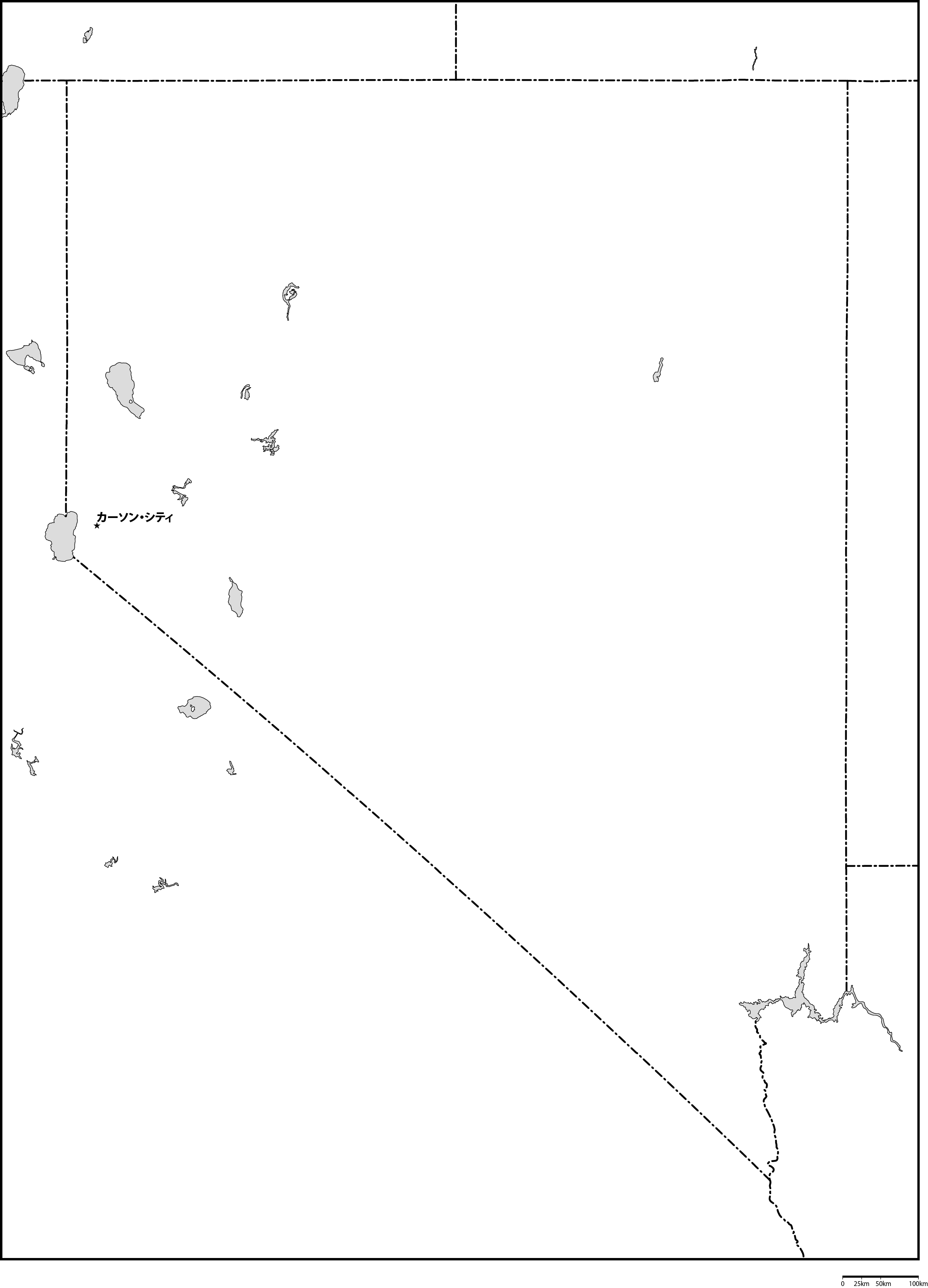 ネバダ州白地図州都あり(日本語)フリーデータの画像