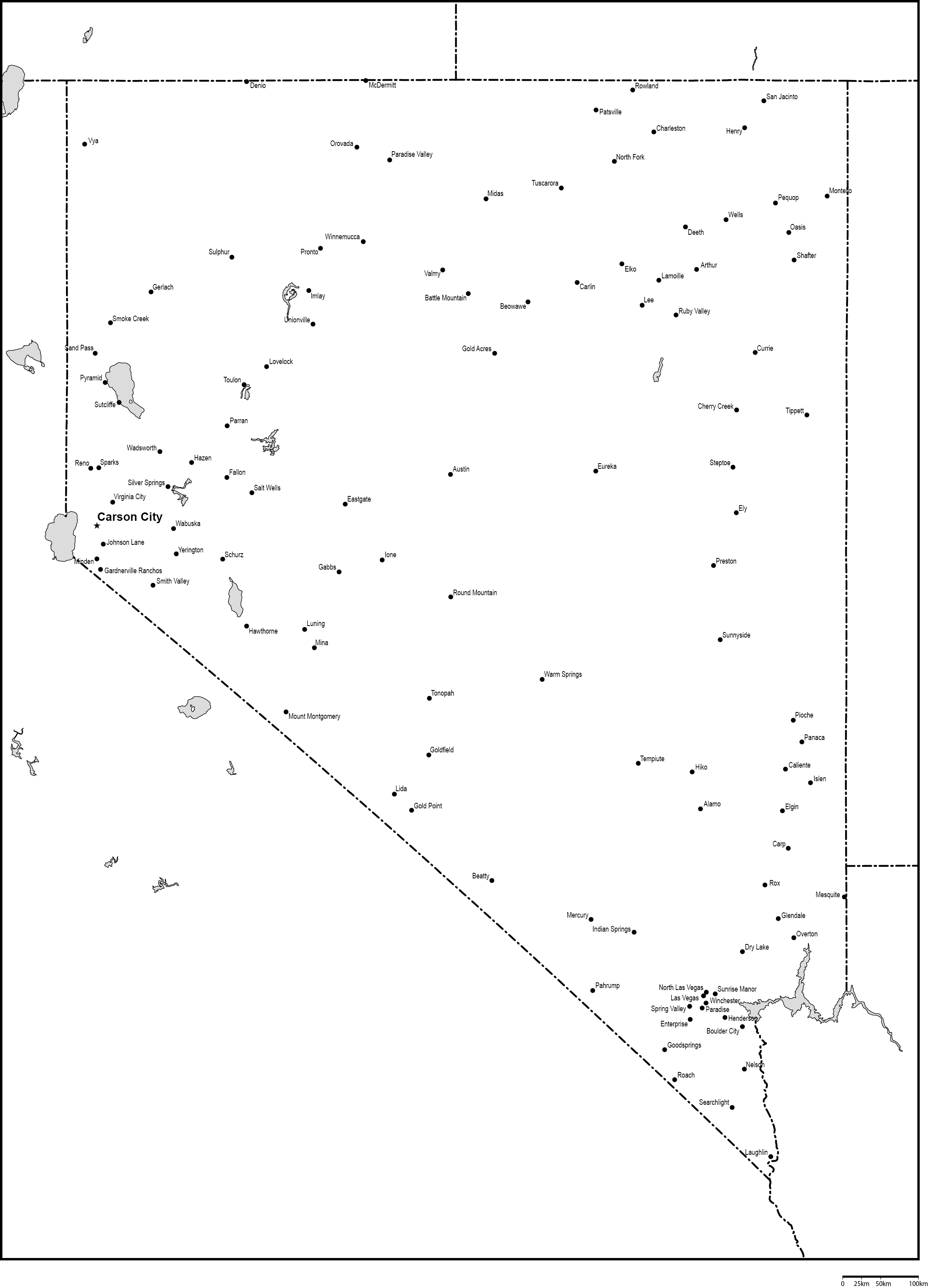 ネバダ州白地図州都・主な都市あり(英語)フリーデータの画像