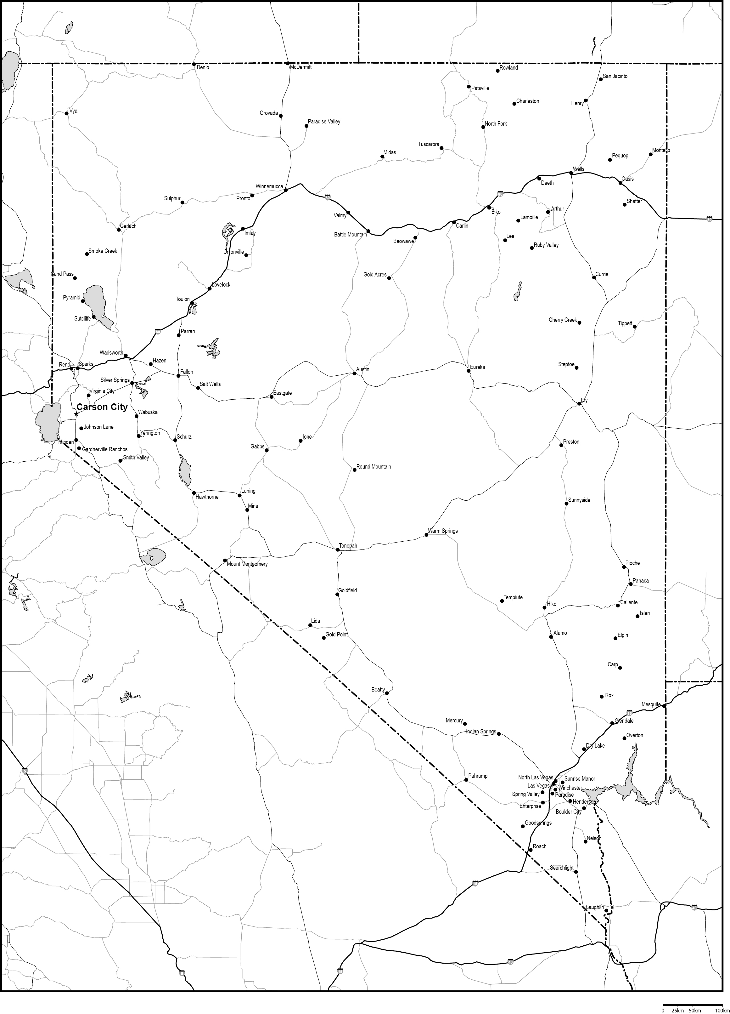 ネバダ州白地図州都・主な都市・道路あり(英語)フリーデータの画像