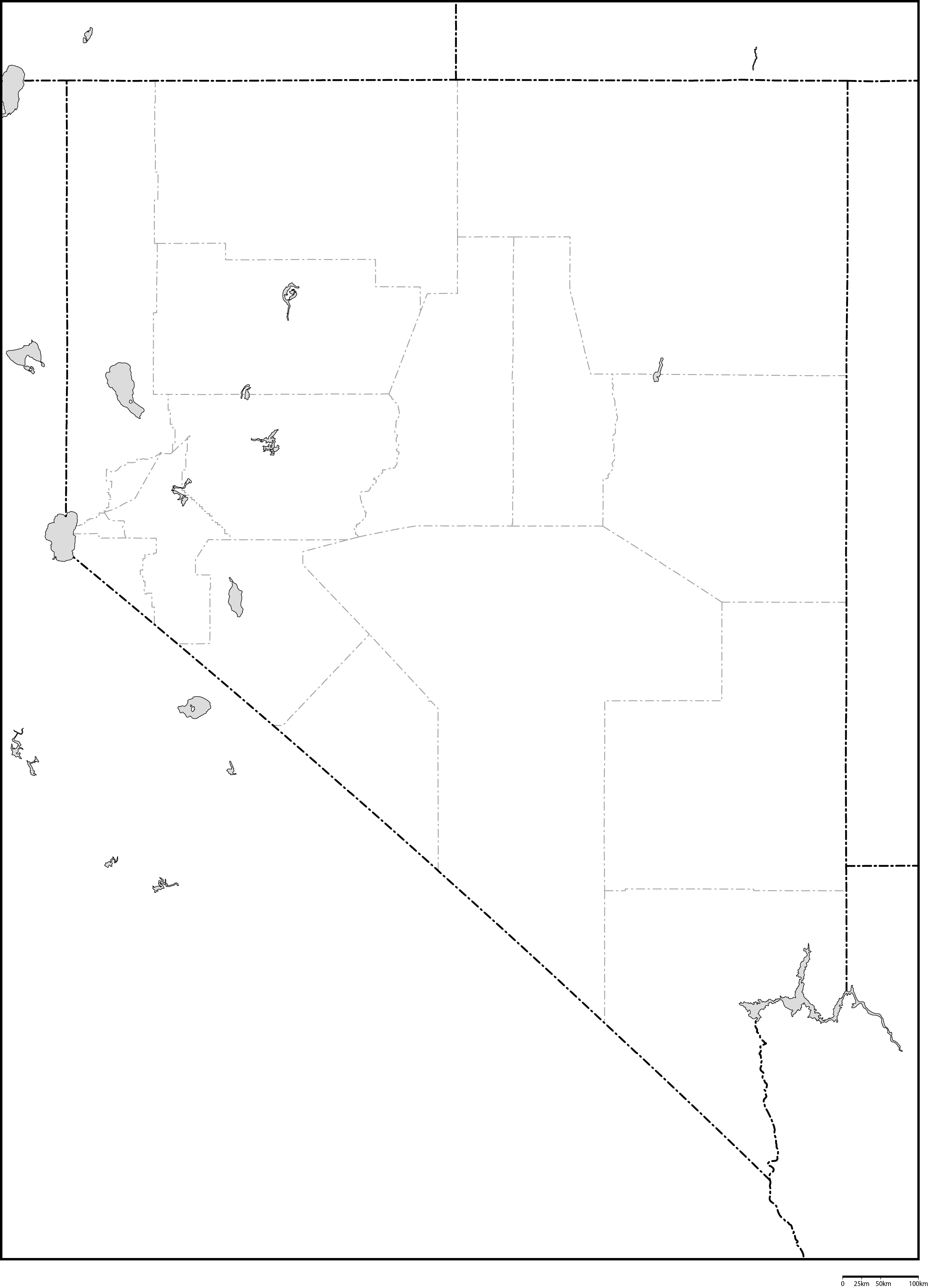 ネバダ州郡分け白地図フリーデータの画像