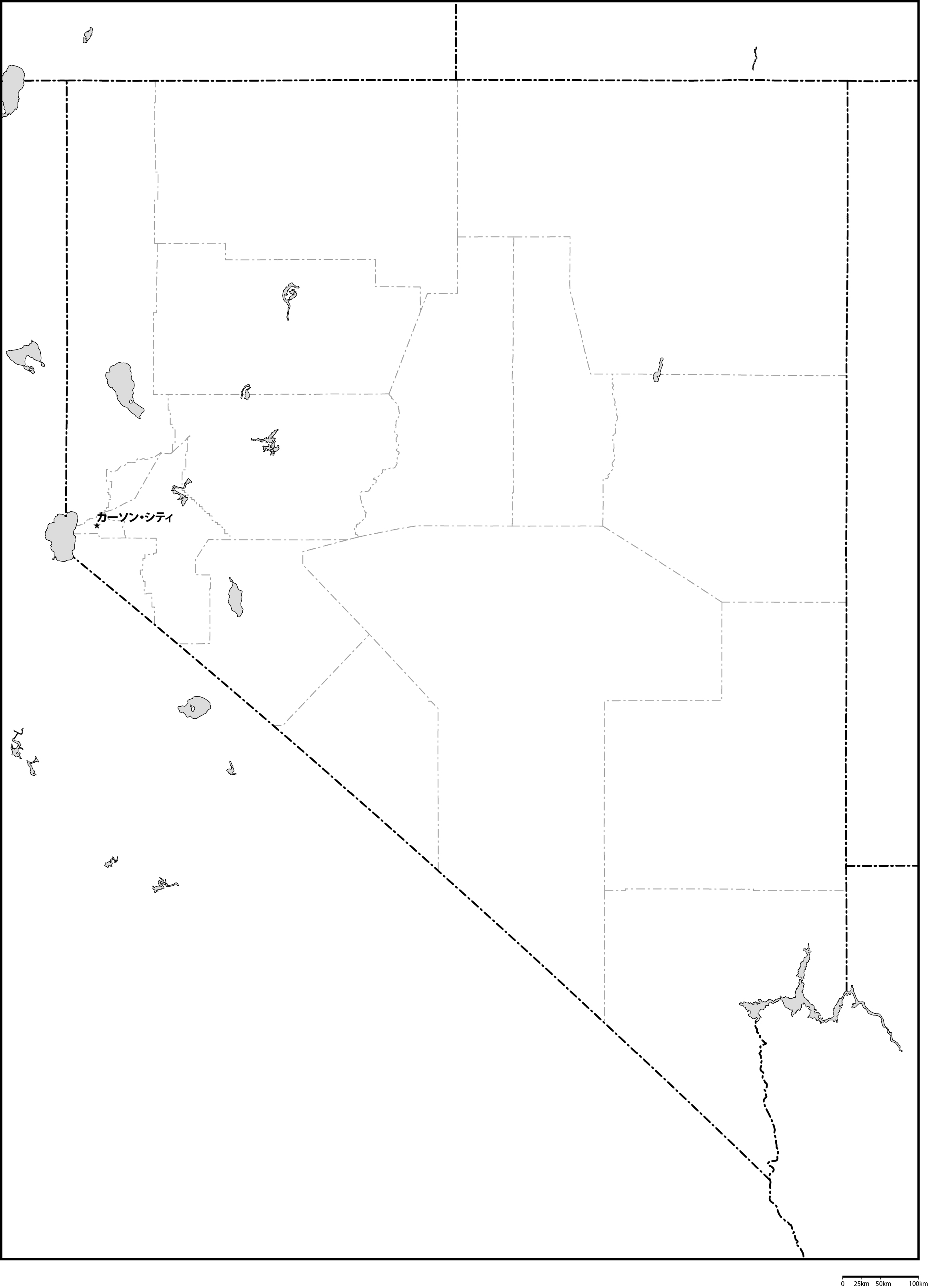 ネバダ州郡分け白地図州都あり(日本語)フリーデータの画像