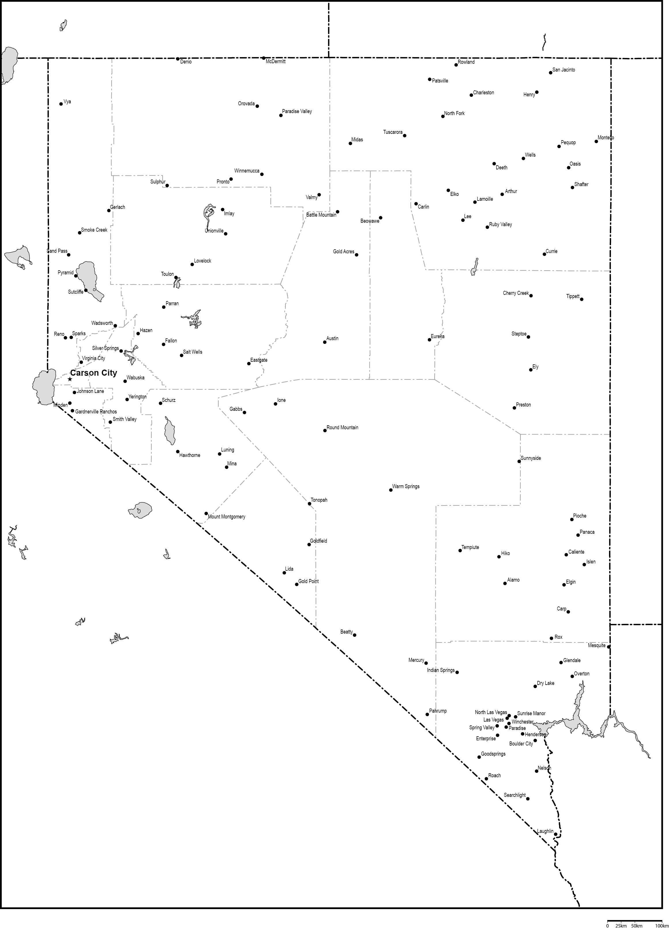 ネバダ州郡分け白地図州都・主な都市あり(英語)フリーデータの画像