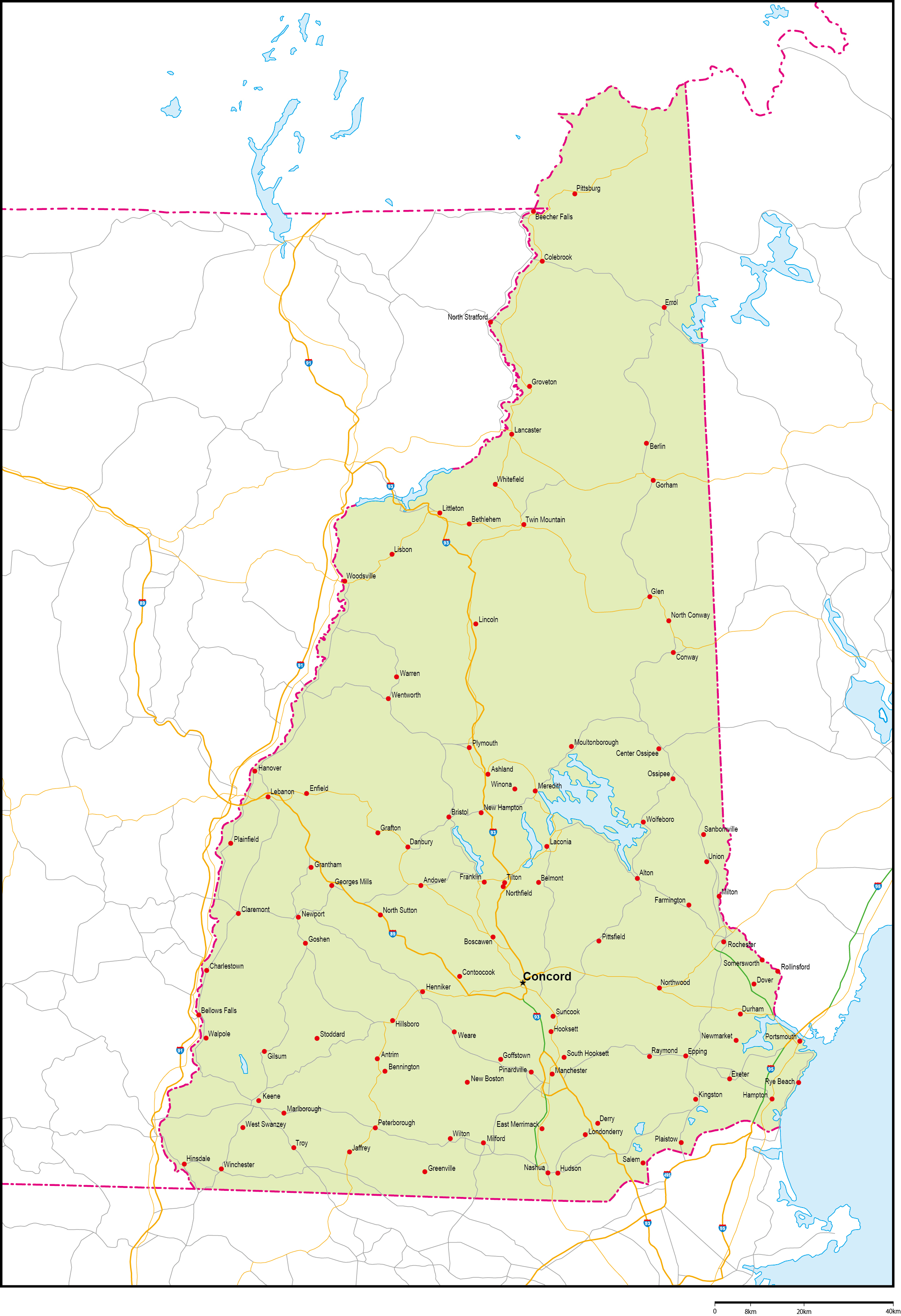 ニューハンプシャー州地図州都・主な都市・道路あり(英語)フリーデータの画像