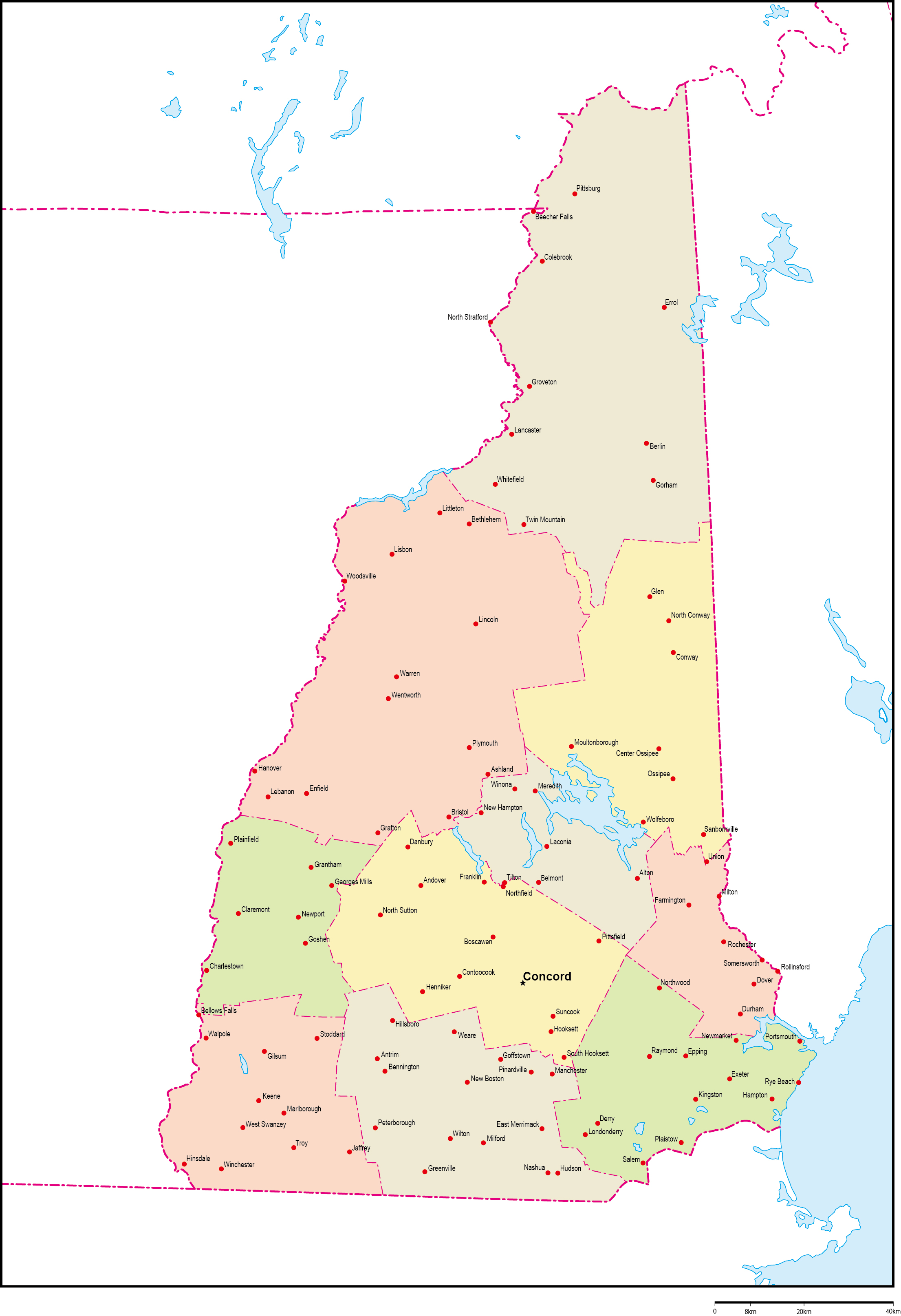 ニューハンプシャー州郡色分け地図州都・主な都市あり(英語)フリーデータの画像