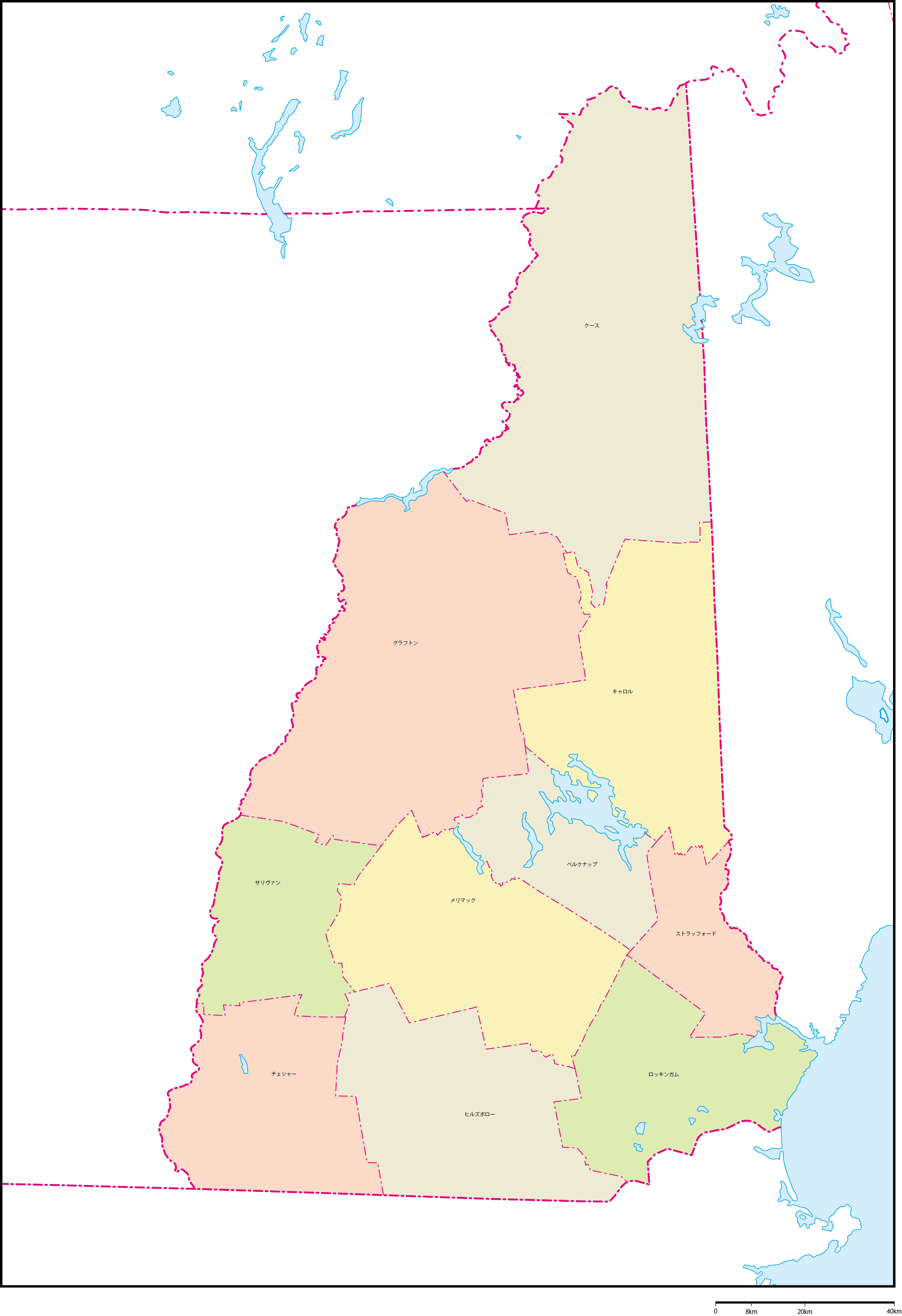 ニューハンプシャー州郡色分け地図郡名あり(日本語)フリーデータの画像