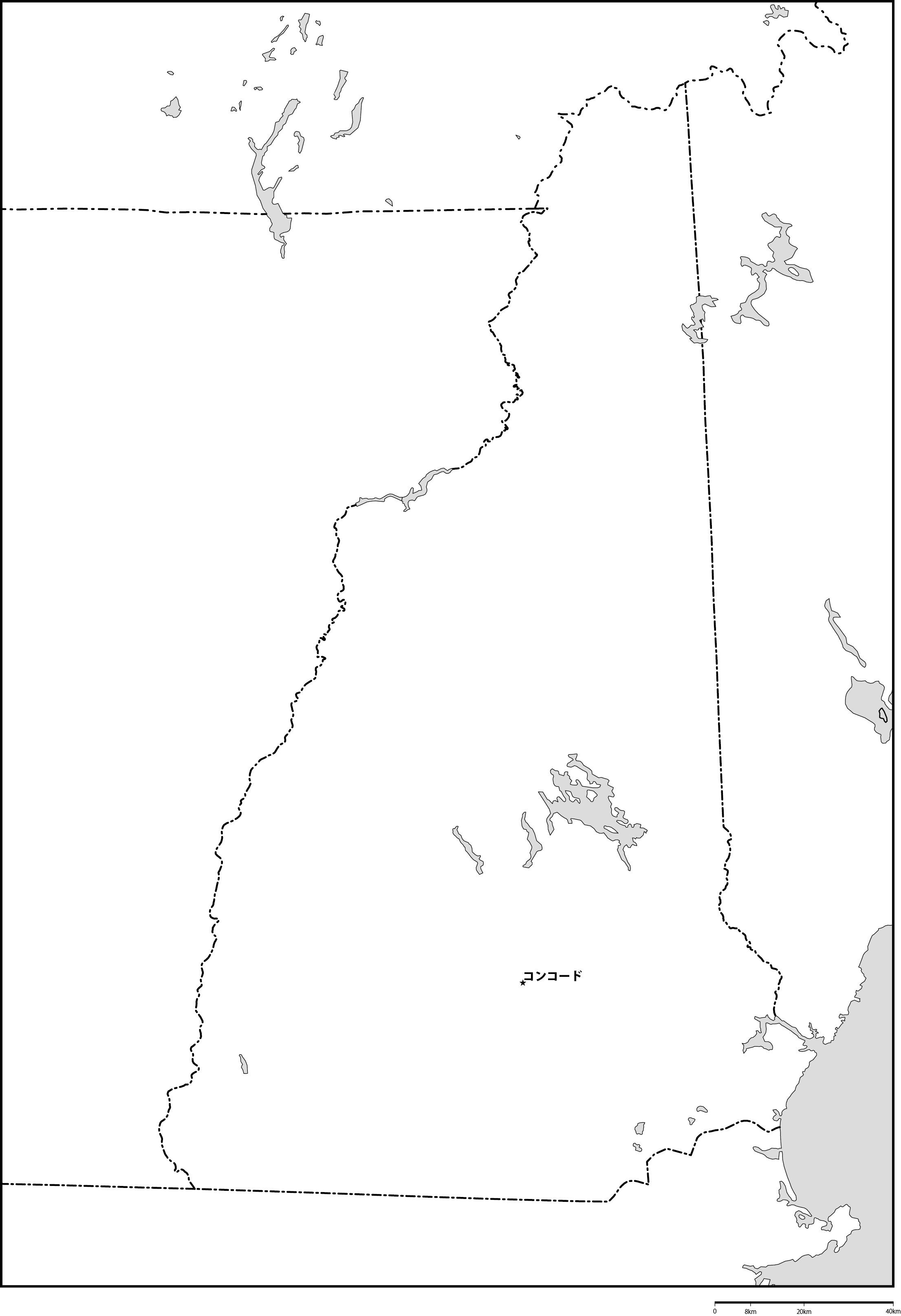 ニューハンプシャー州白地図州都あり(日本語)フリーデータの画像