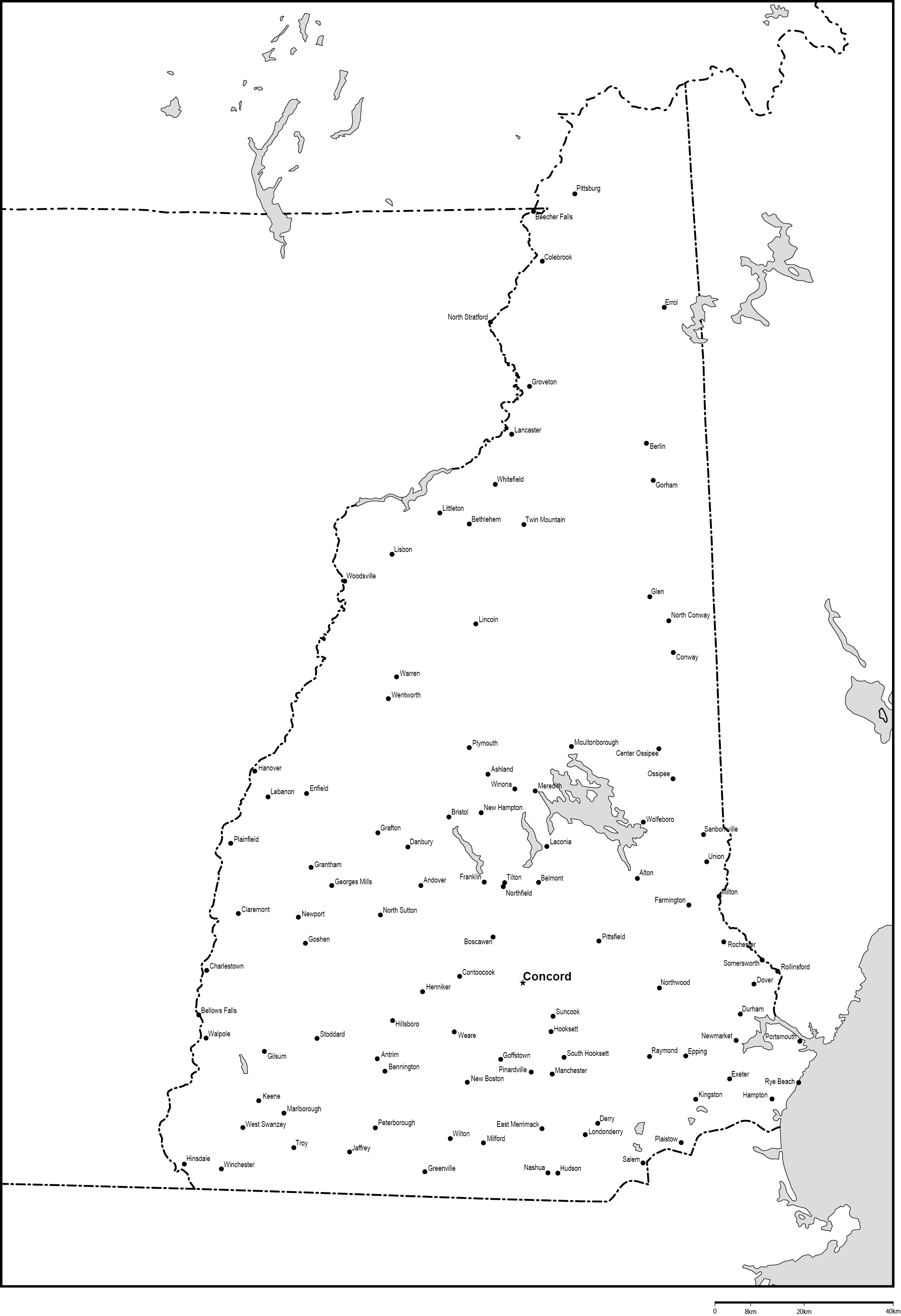 ニューハンプシャー州白地図州都・主な都市あり(英語)フリーデータの画像