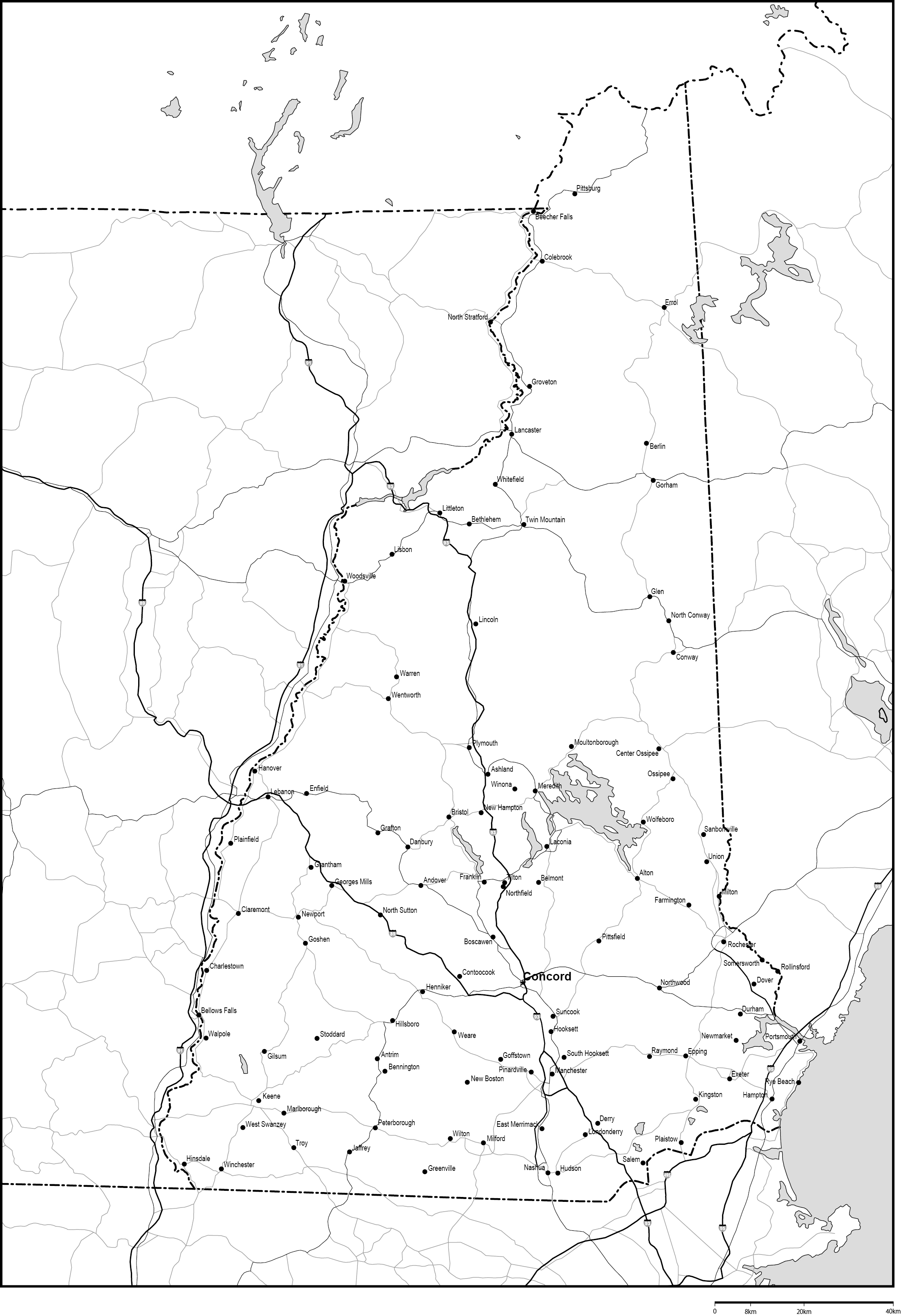 ニューハンプシャー州白地図州都・主な都市・道路あり(英語)フリーデータの画像