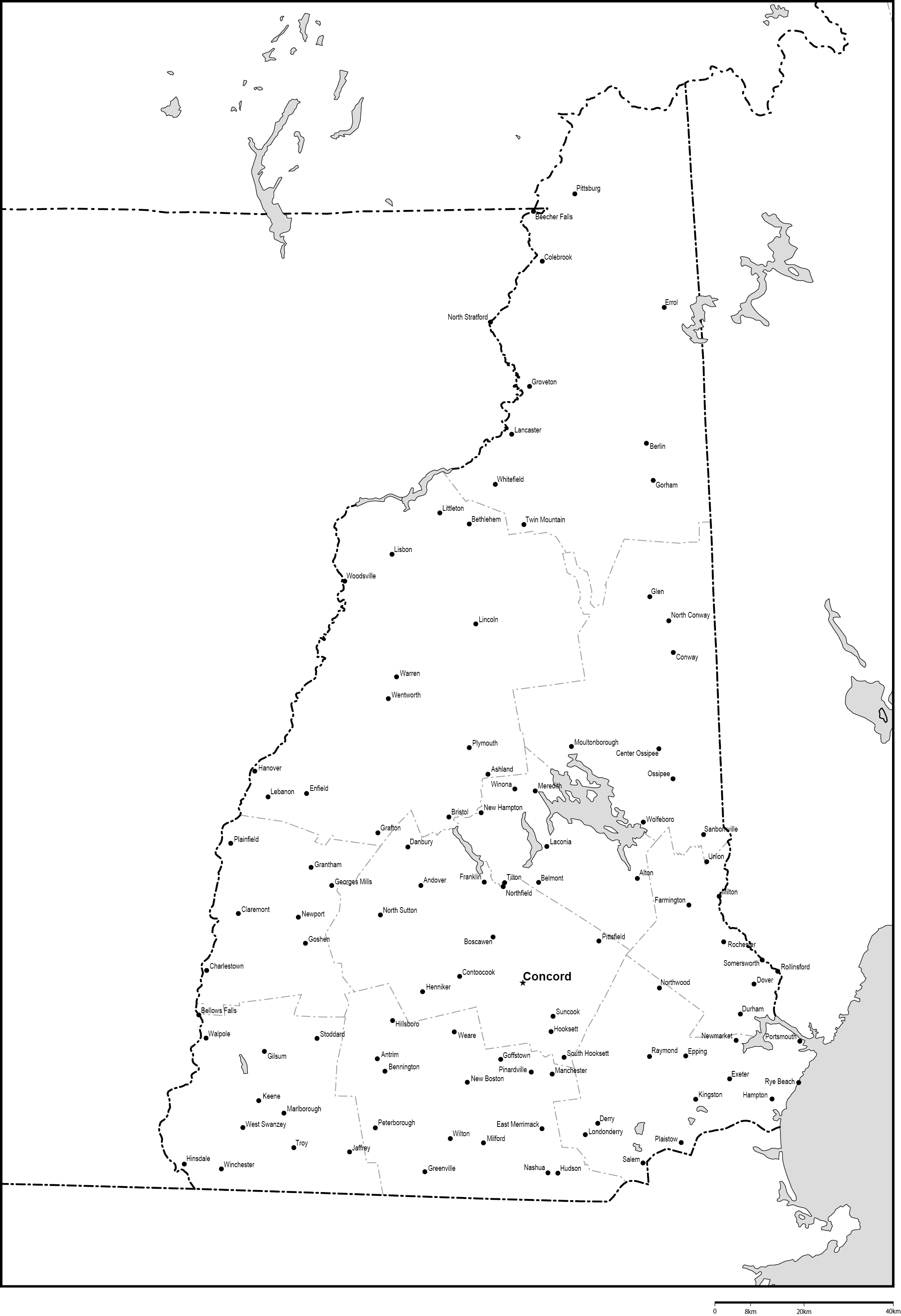 ニューハンプシャー州郡分け白地図州都・主な都市あり(英語)フリーデータの画像