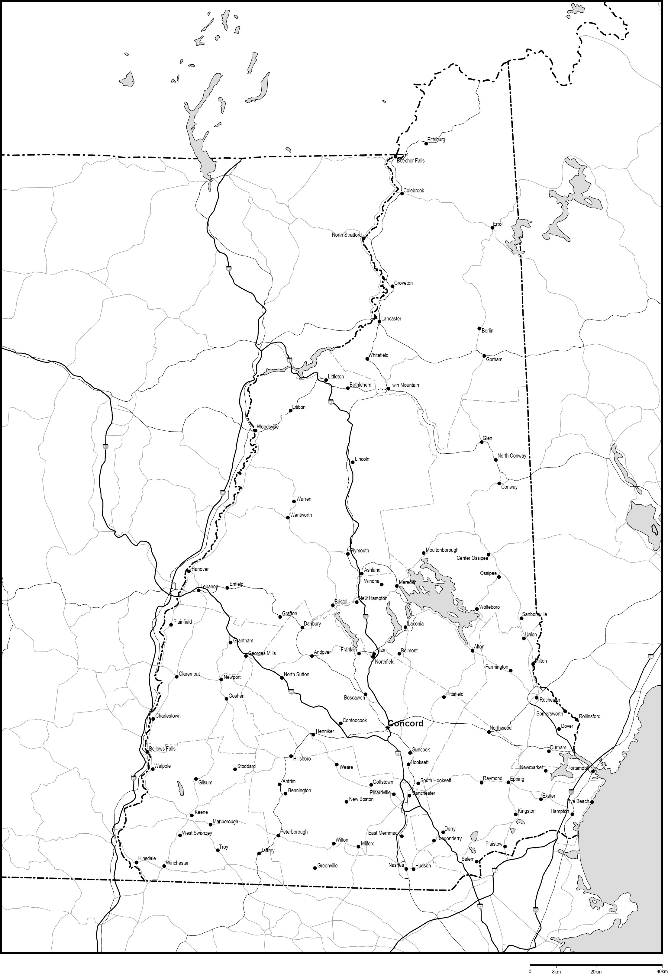 ニューハンプシャー州郡分け白地図州都・主な都市・道路あり(英語)フリーデータの画像