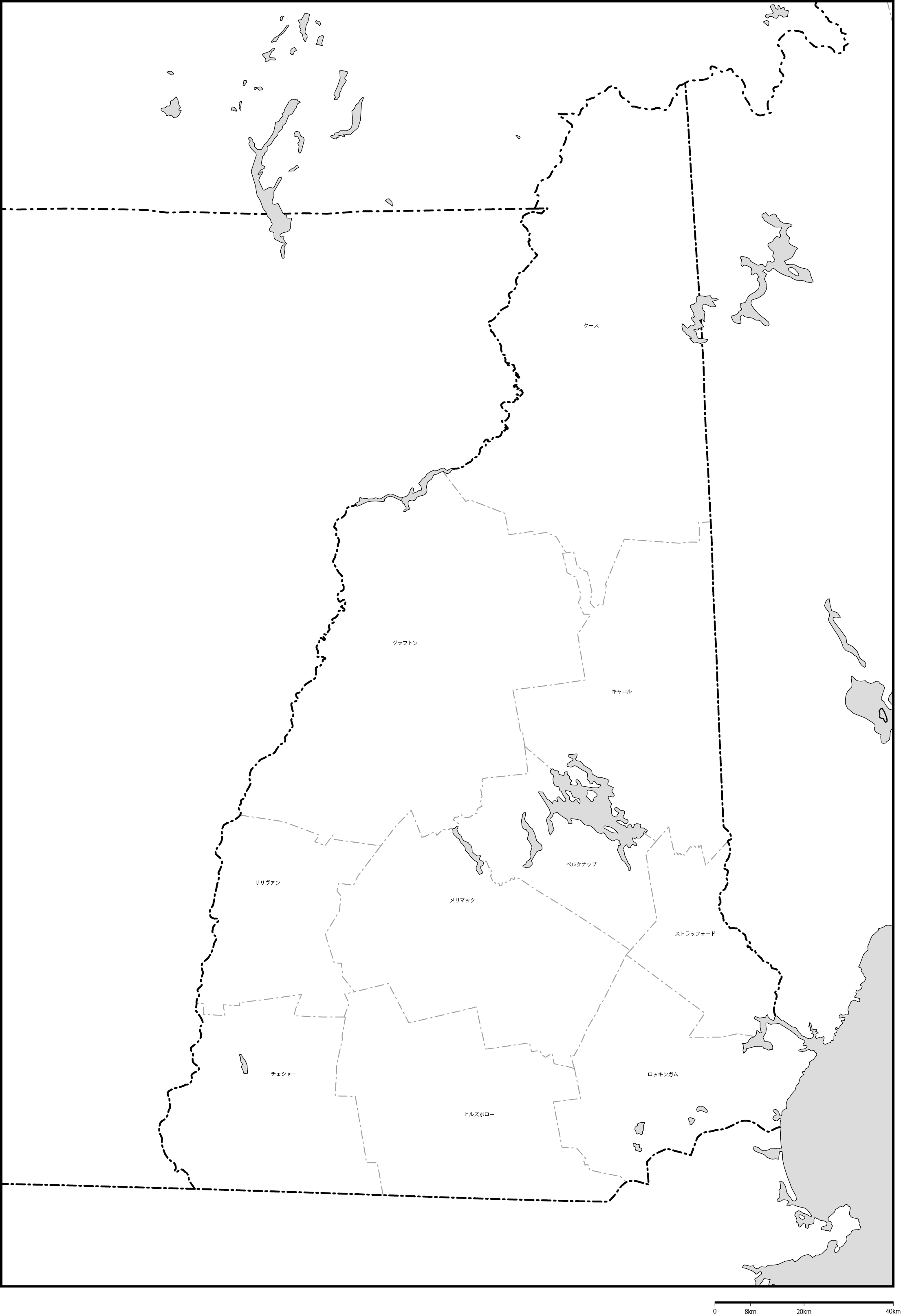 ニューハンプシャー州郡分け地図郡名あり(日本語)フリーデータの画像