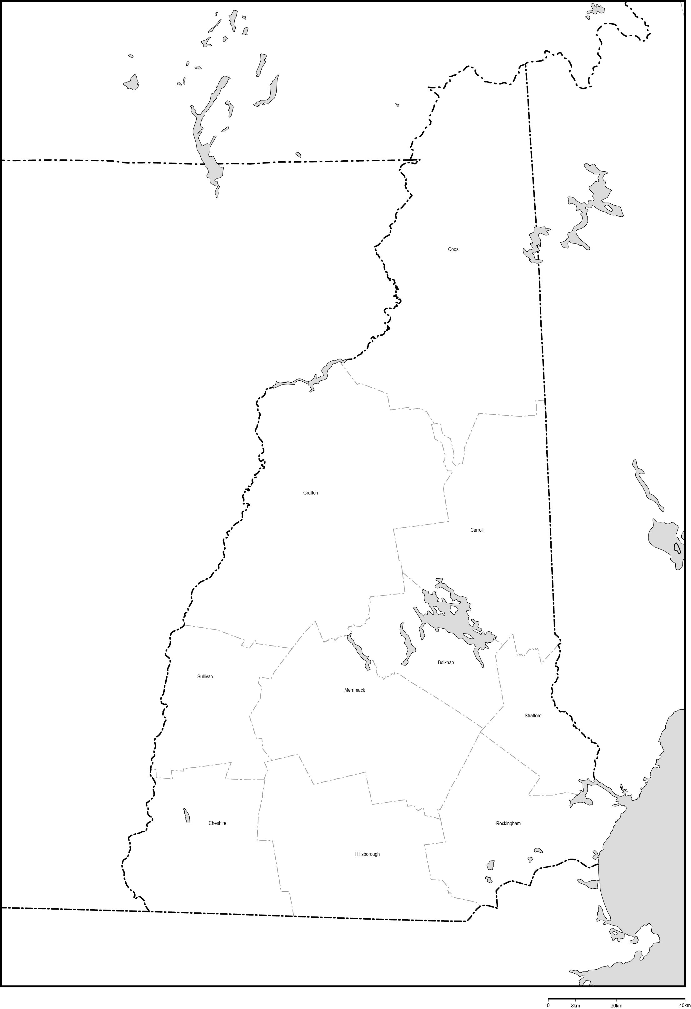 ニューハンプシャー州郡分け白地図郡名あり(英語)フリーデータの画像