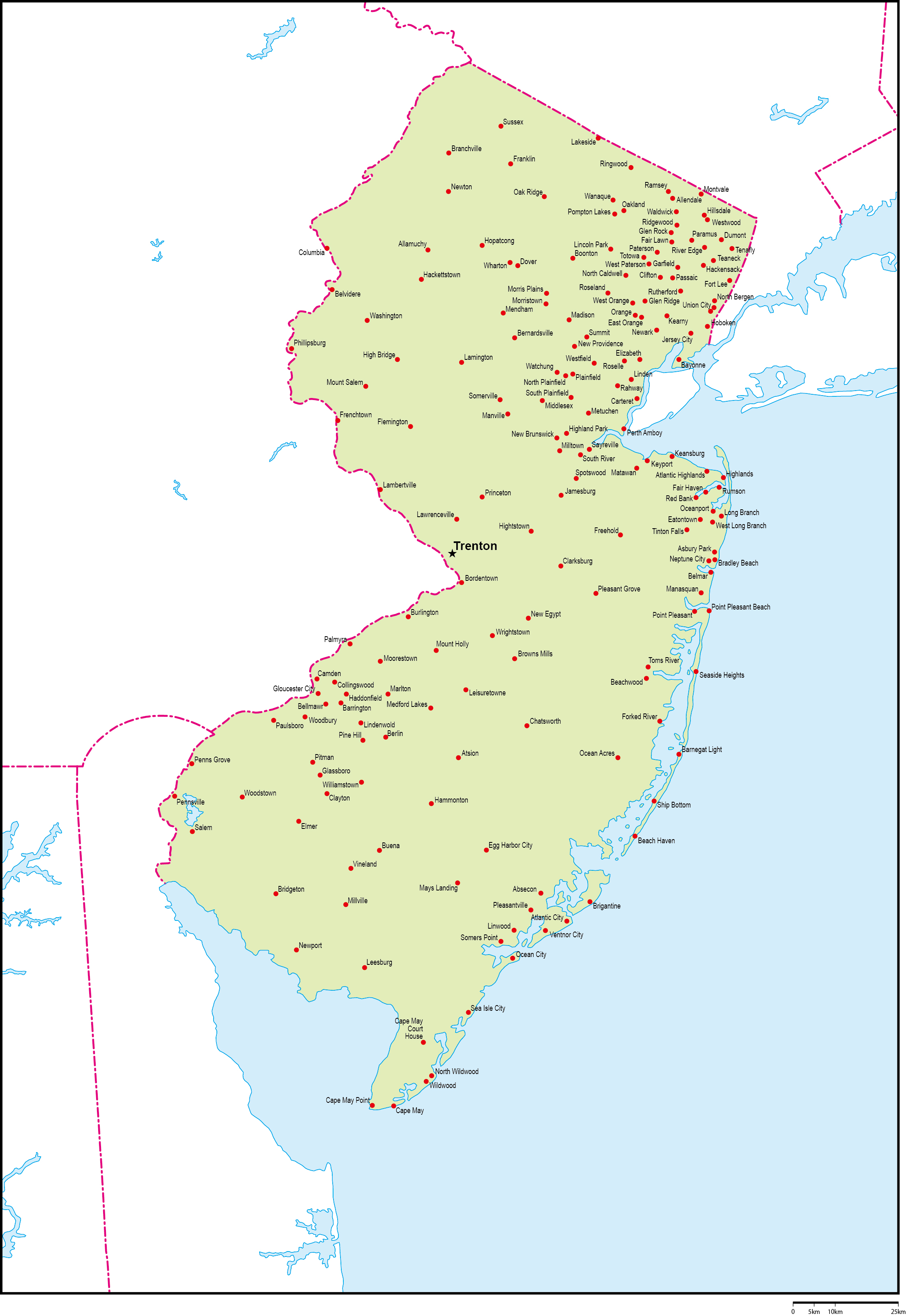ニュージャージー州地図州都・主な都市あり(英語)フリーデータの画像