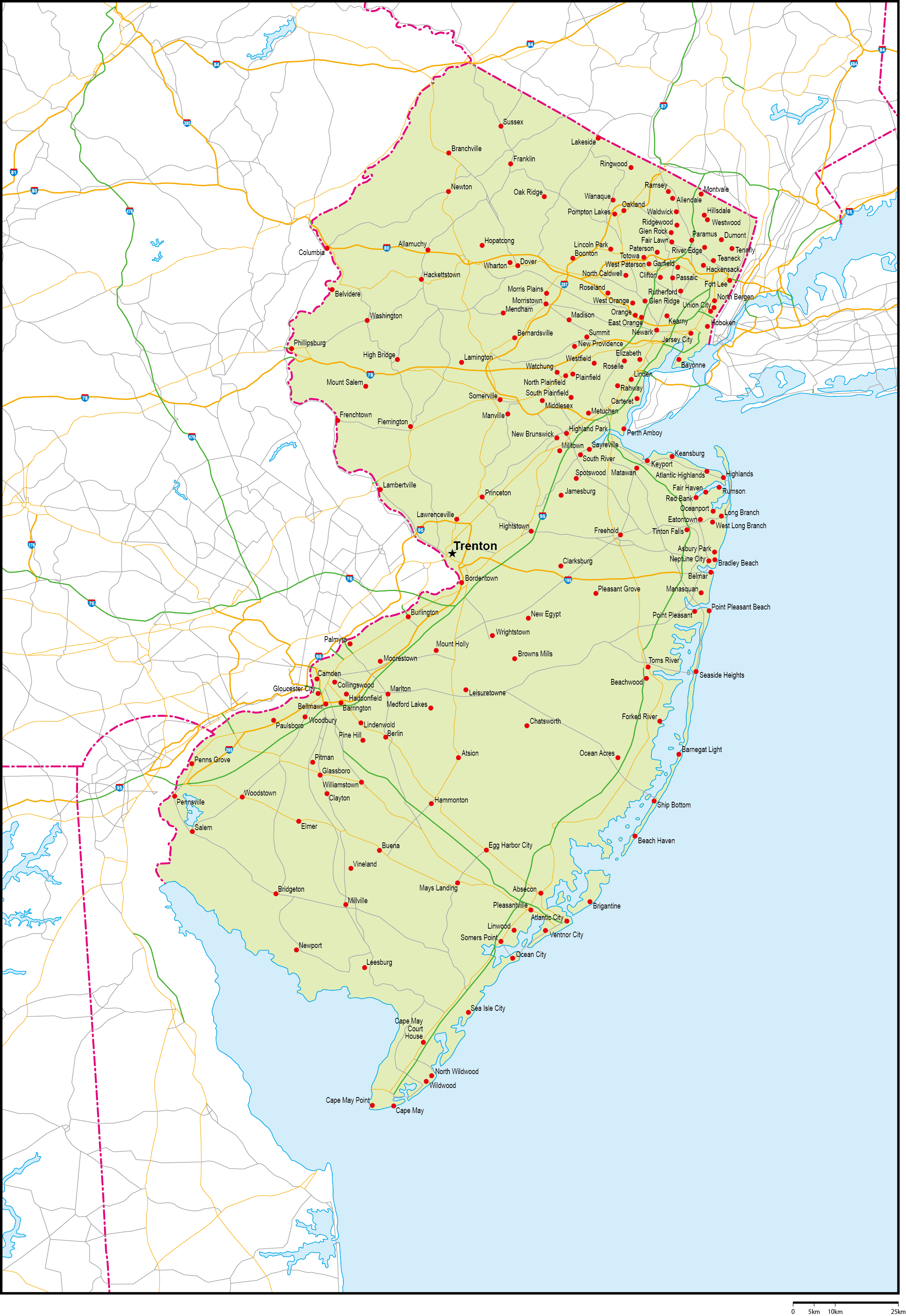 ニュージャージー州地図州都・主な都市・道路あり(英語)フリーデータの画像
