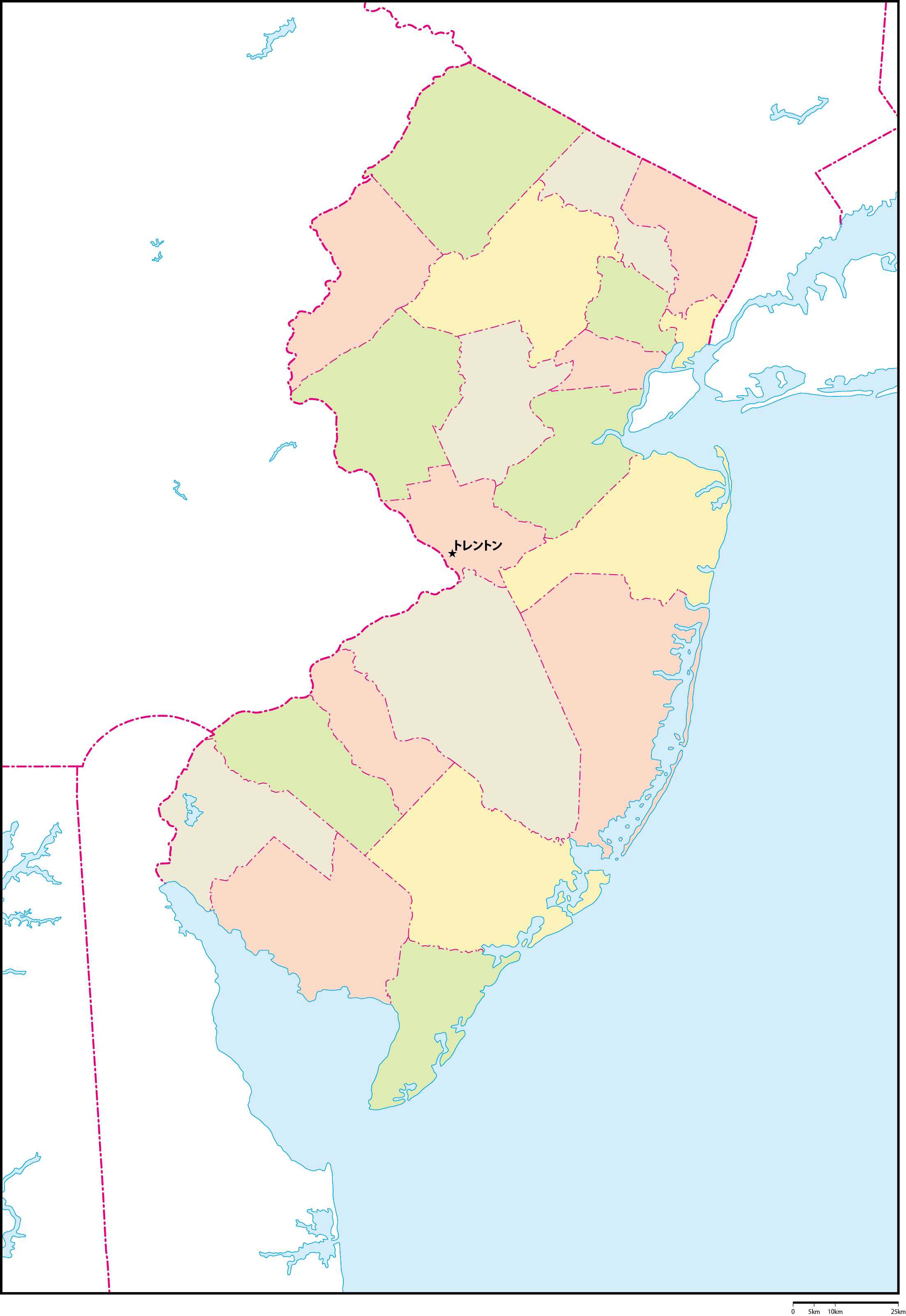 ニュージャージー州郡色分け地図州都あり(日本語)フリーデータの画像