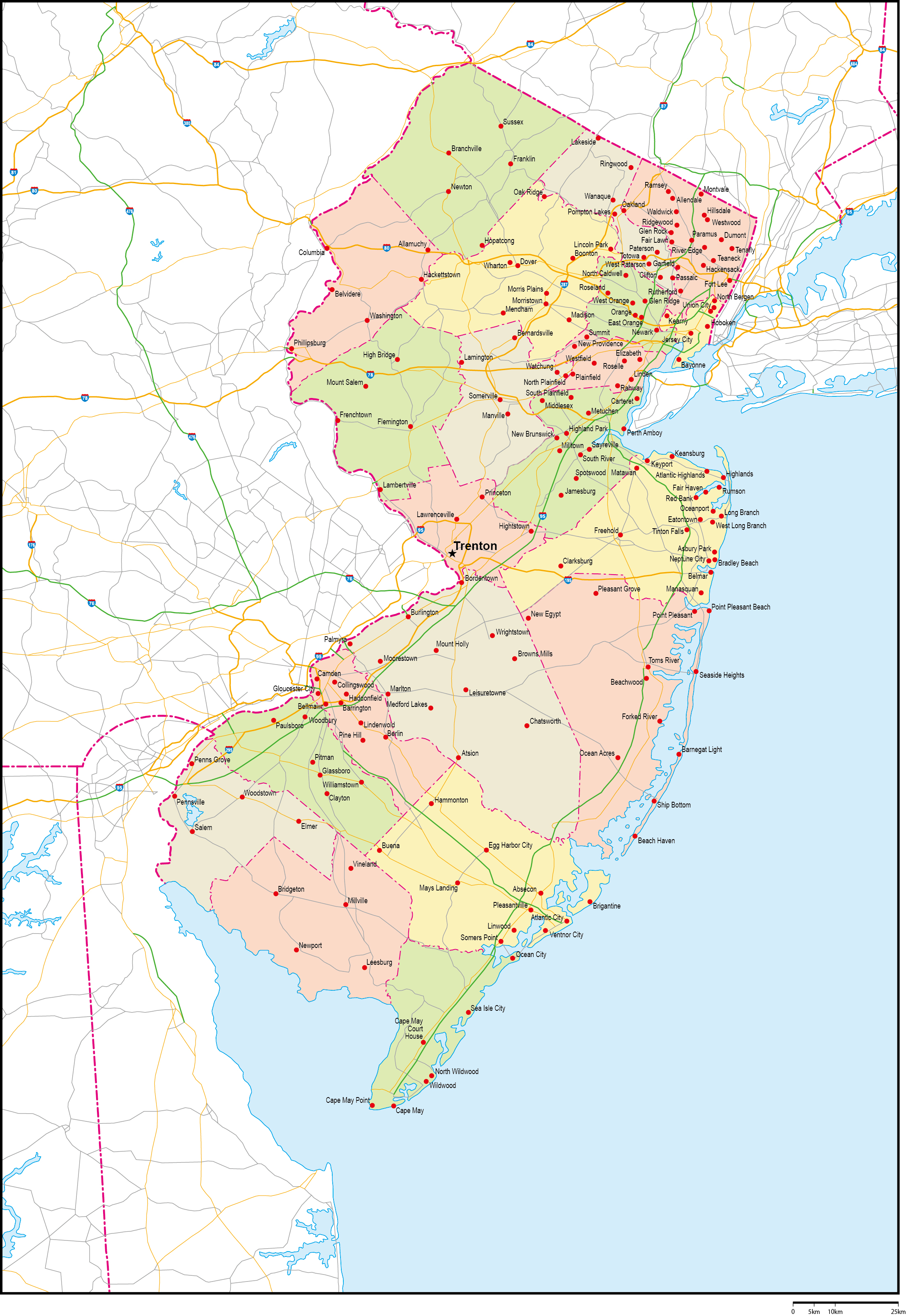 ニュージャージー州郡色分け地図州都・主な都市・道路あり(英語)フリーデータの画像