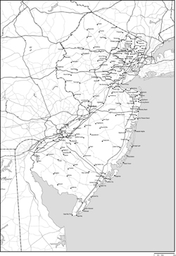 ニュージャージー州郡分け白地図州都・主な都市・道路あり(英語)
