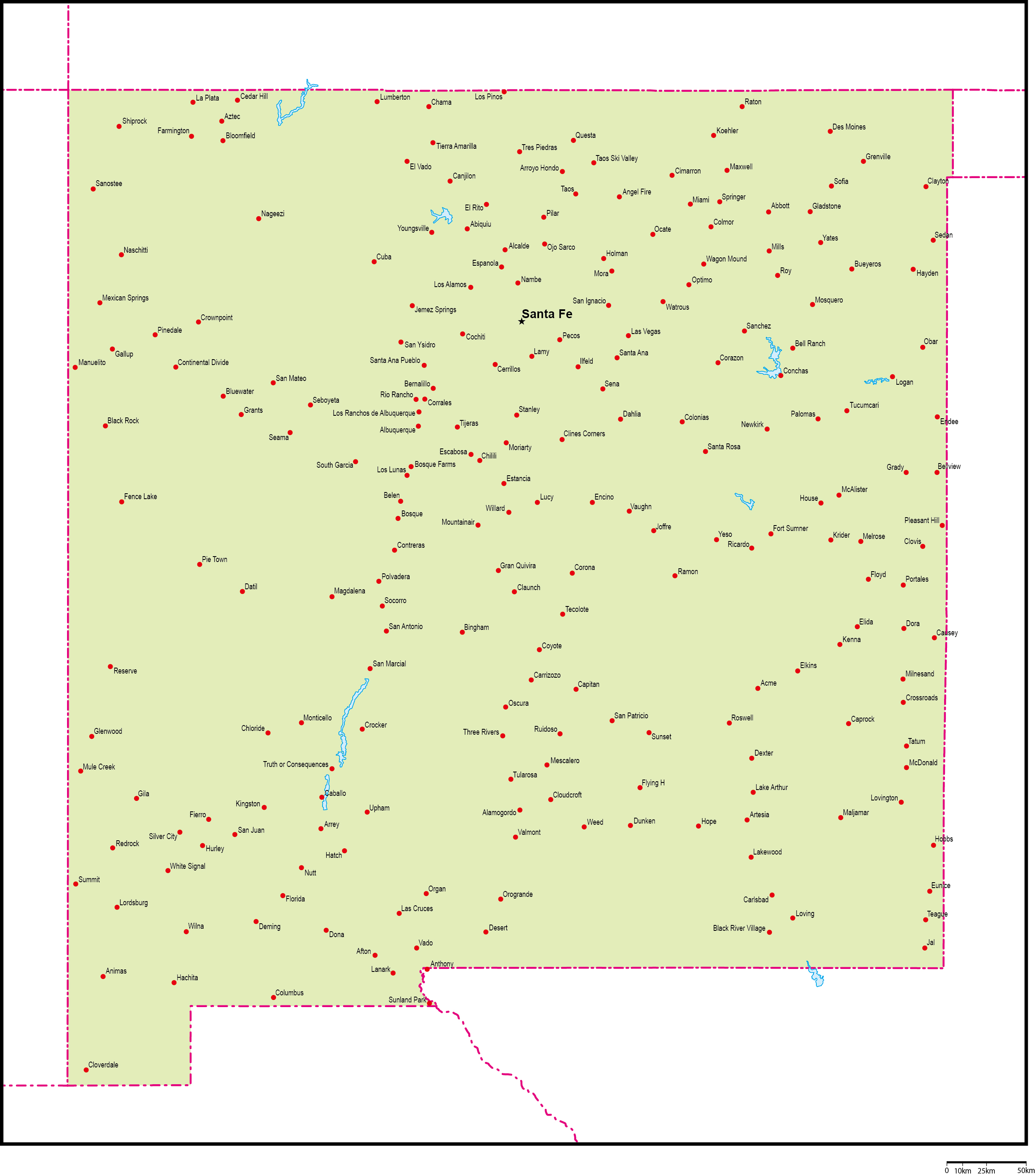 ニューメキシコ州地図州都・主な都市あり(英語)フリーデータの画像