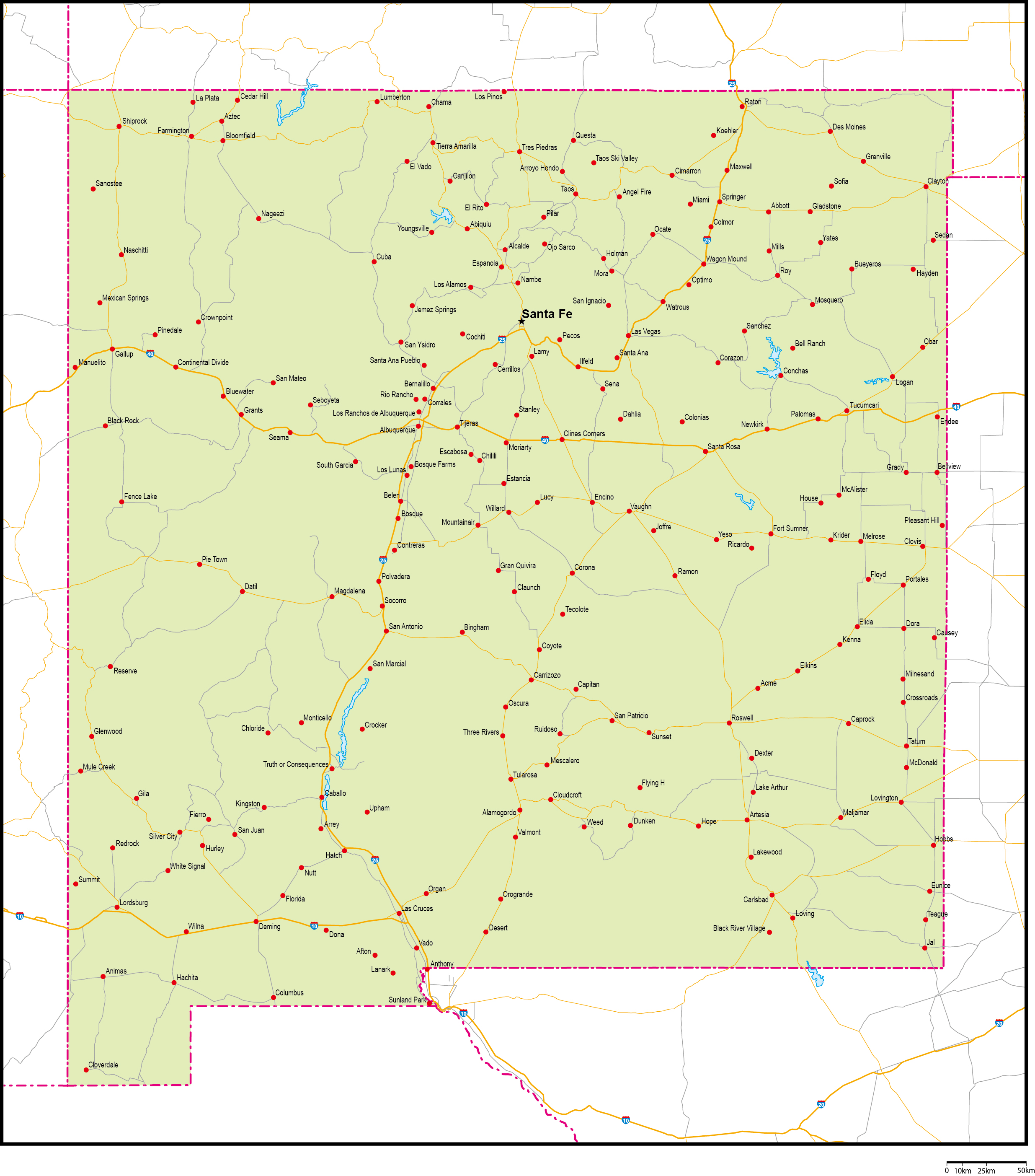 ニューメキシコ州地図州都・主な都市・道路あり(英語)フリーデータの画像