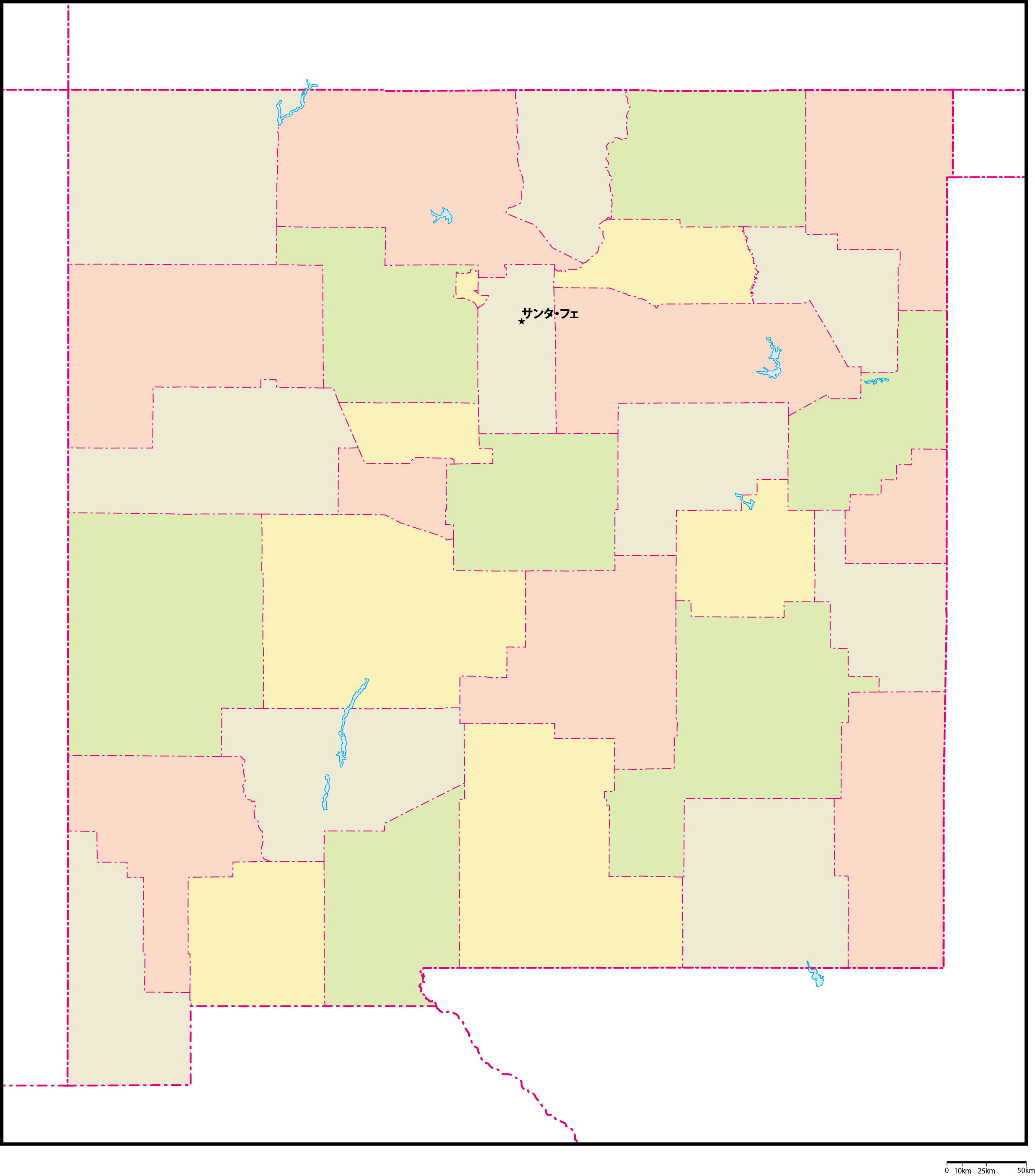 ニューメキシコ州郡色分け地図州都あり(日本語)フリーデータの画像