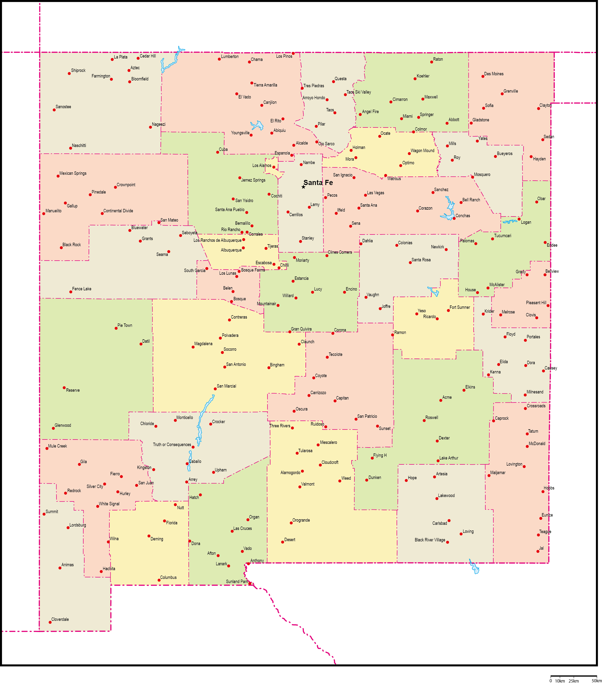 ニューメキシコ州郡色分け地図州都・主な都市あり(英語)フリーデータの画像