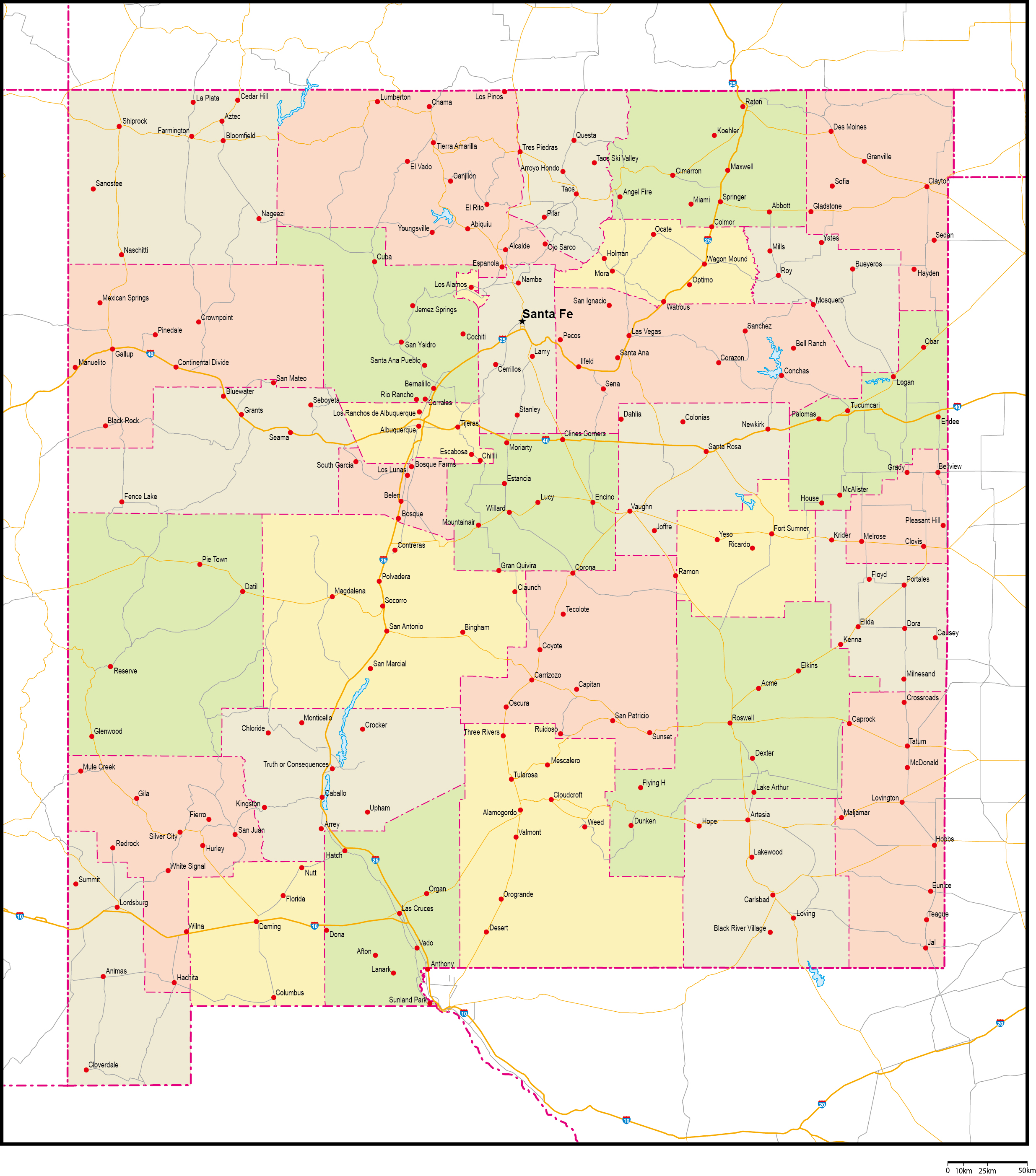 ニューメキシコ州郡色分け地図州都・主な都市・道路あり(英語)フリーデータの画像
