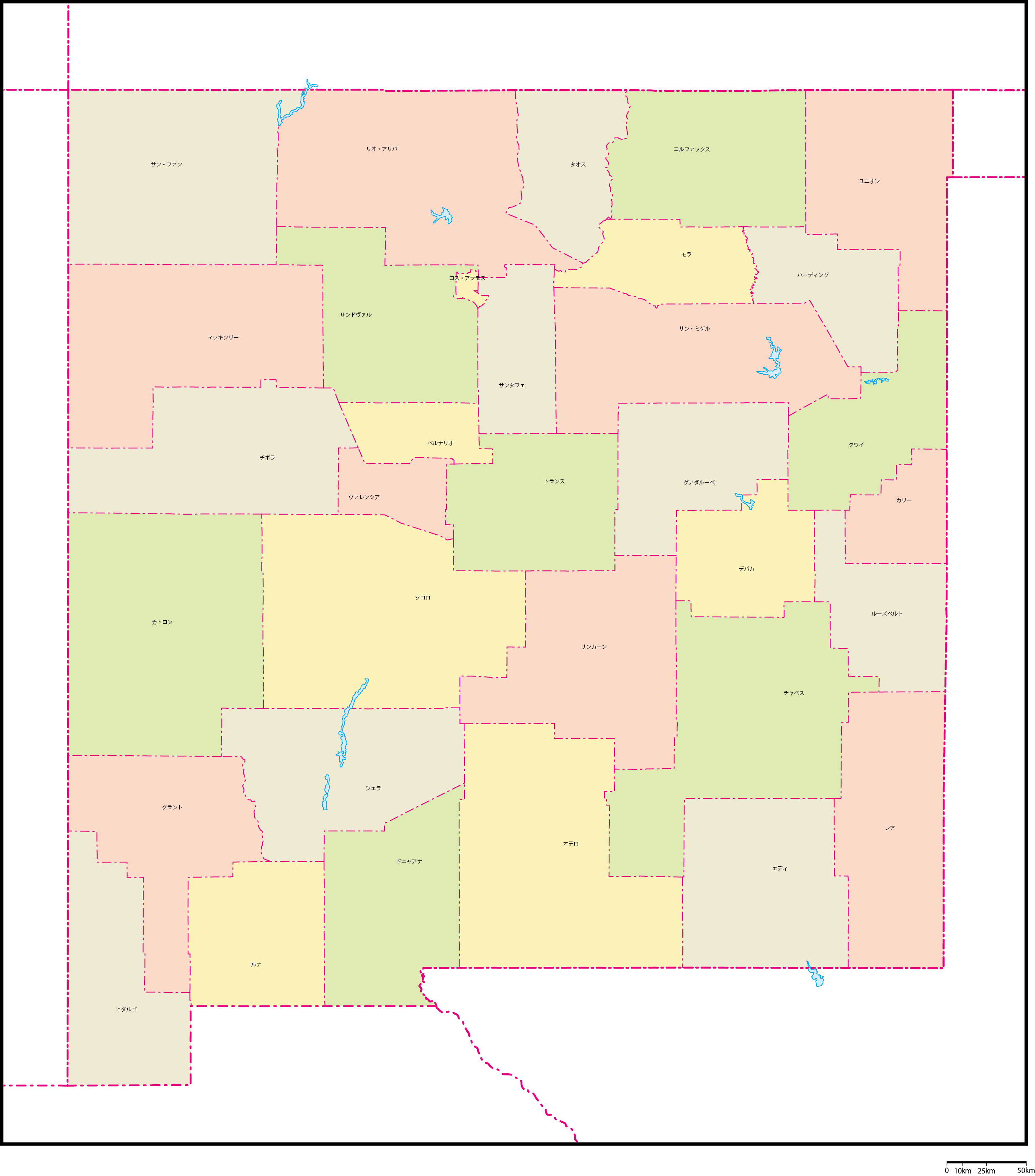 ニューメキシコ州郡色分け地図郡名あり(日本語)フリーデータの画像