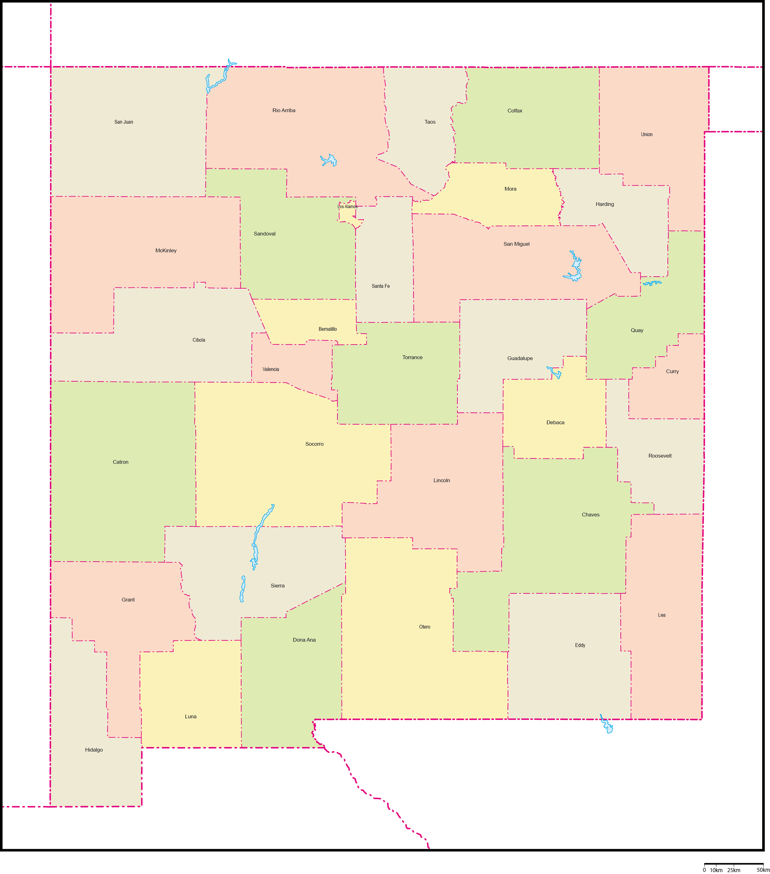 ニューメキシコ州郡色分け地図郡名あり(英語)フリーデータの画像