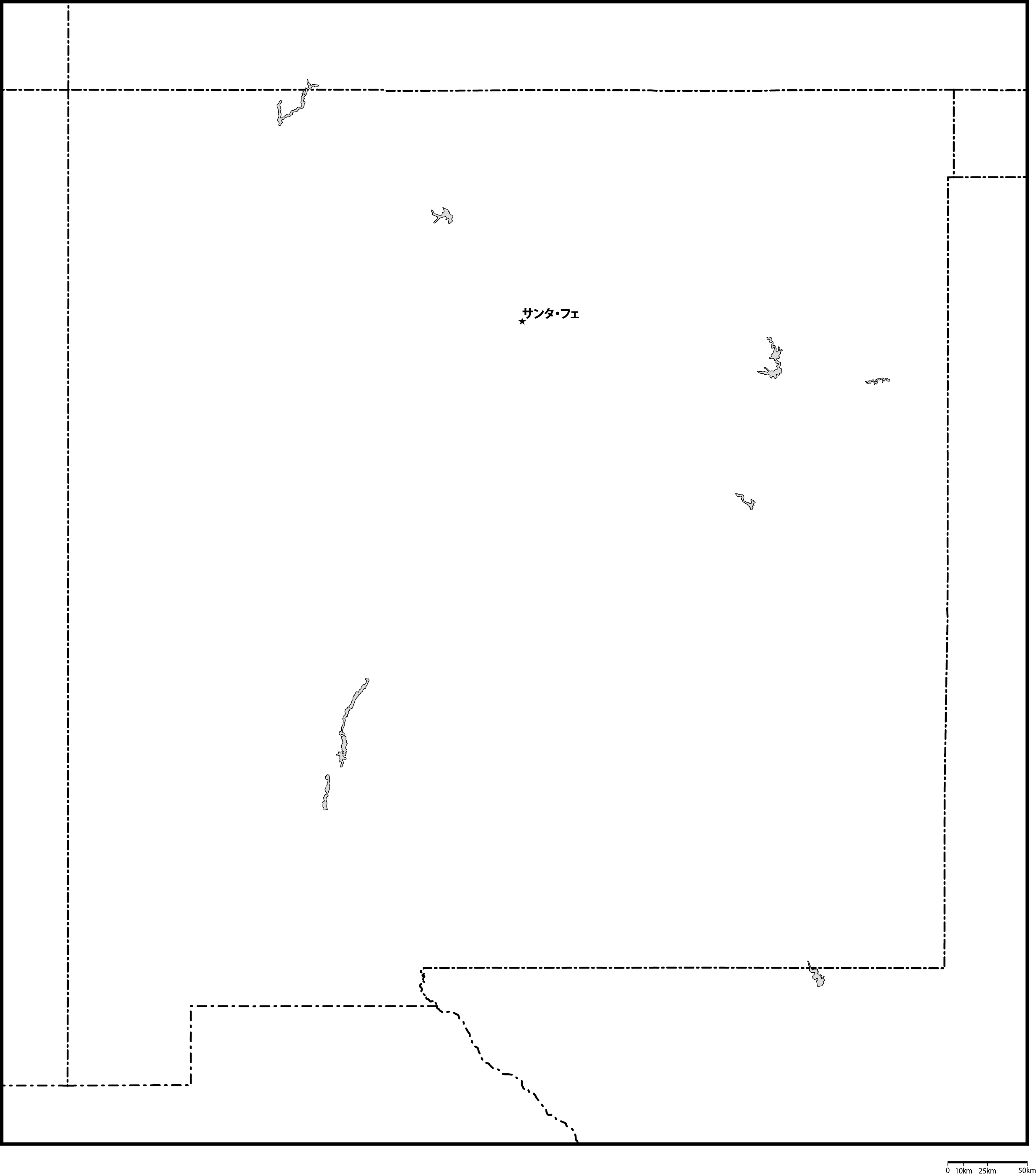ニューメキシコ州白地図州都あり(日本語)フリーデータの画像