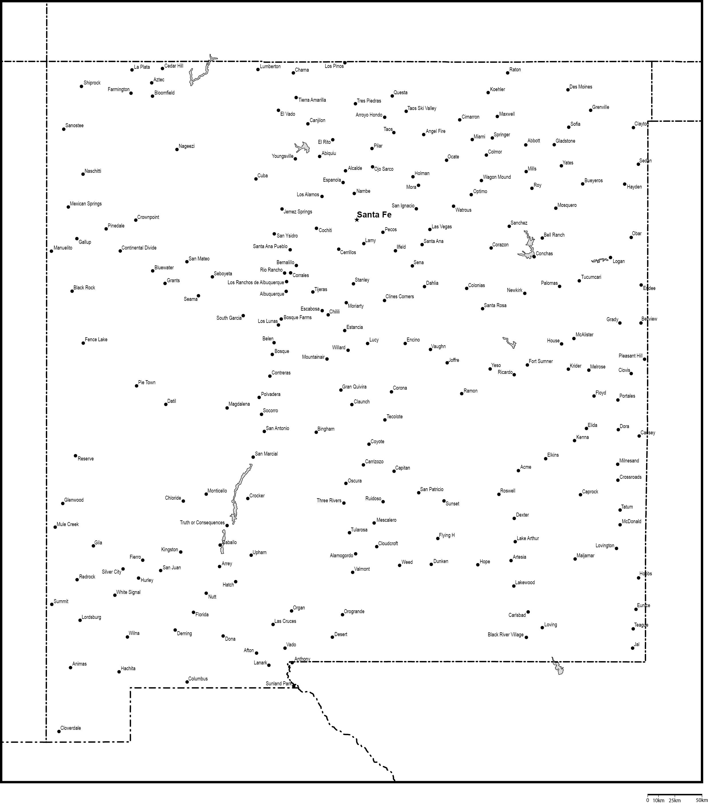 ニューメキシコ州白地図州都・主な都市あり(英語)フリーデータの画像