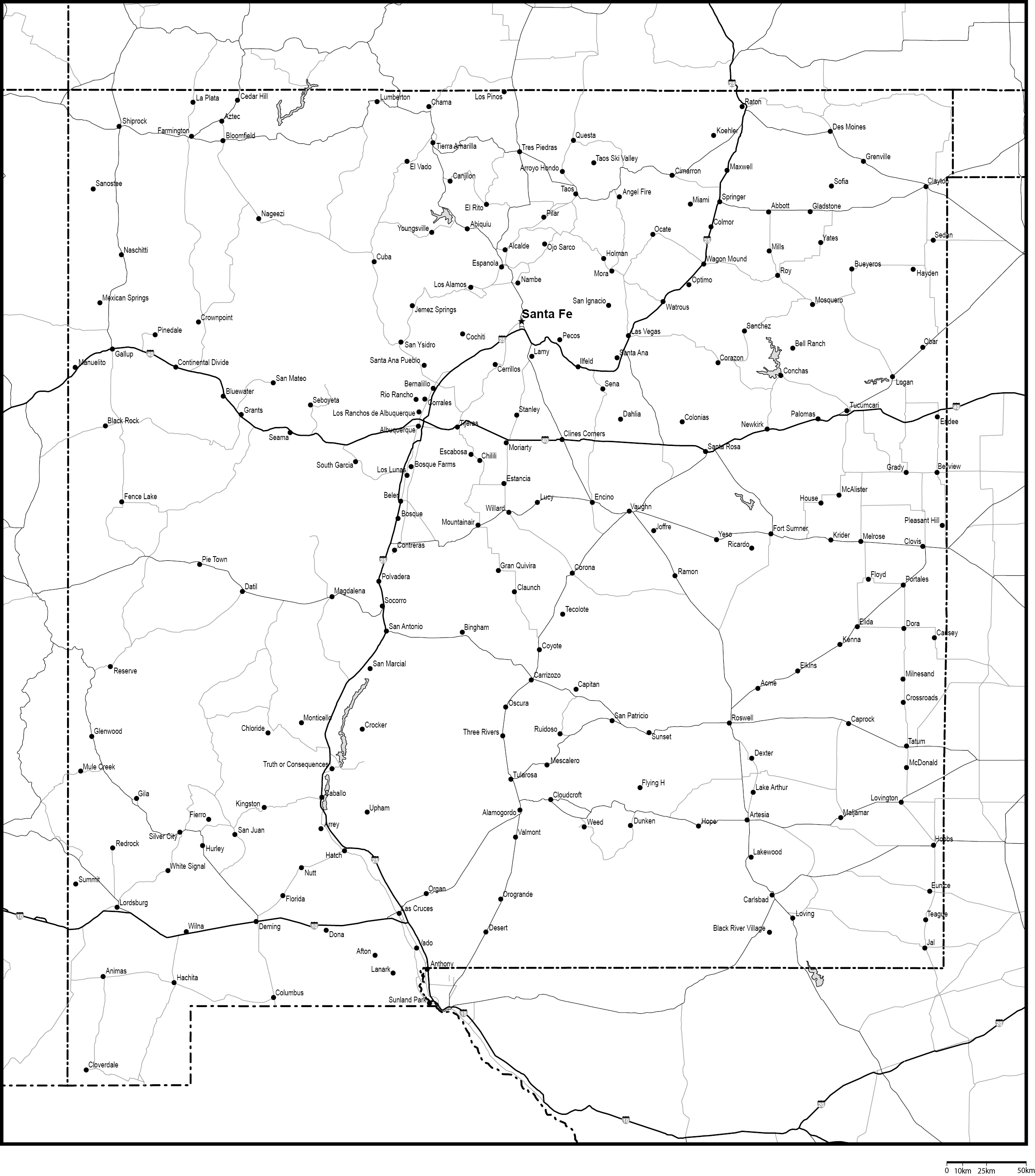 ニューメキシコ州白地図州都・主な都市・道路あり(英語)フリーデータの画像