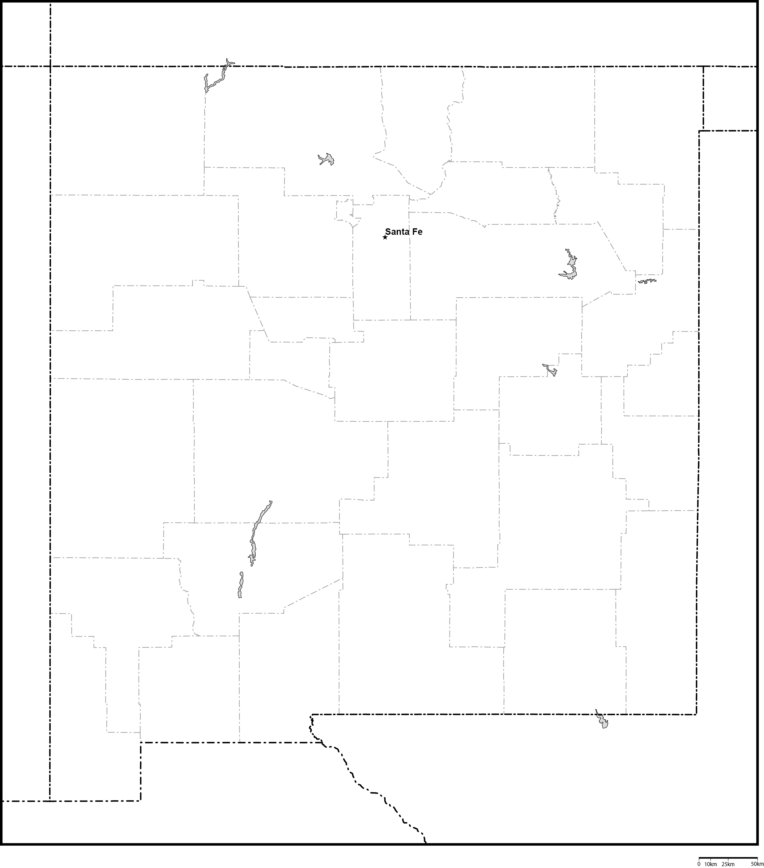 ニューメキシコ州郡分け白地図州都あり(英語)フリーデータの画像