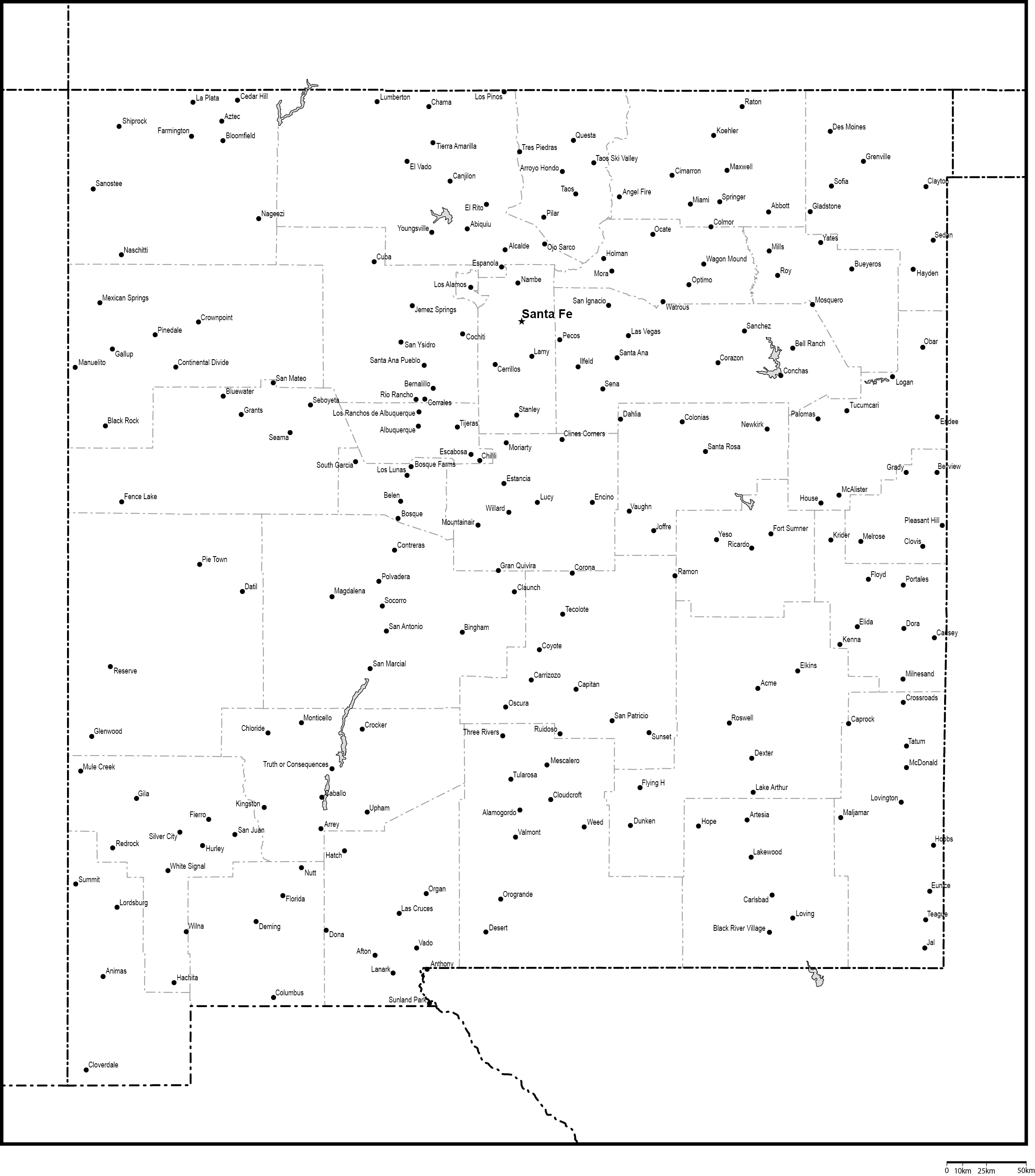 ニューメキシコ州郡分け白地図州都・主な都市あり(英語)フリーデータの画像