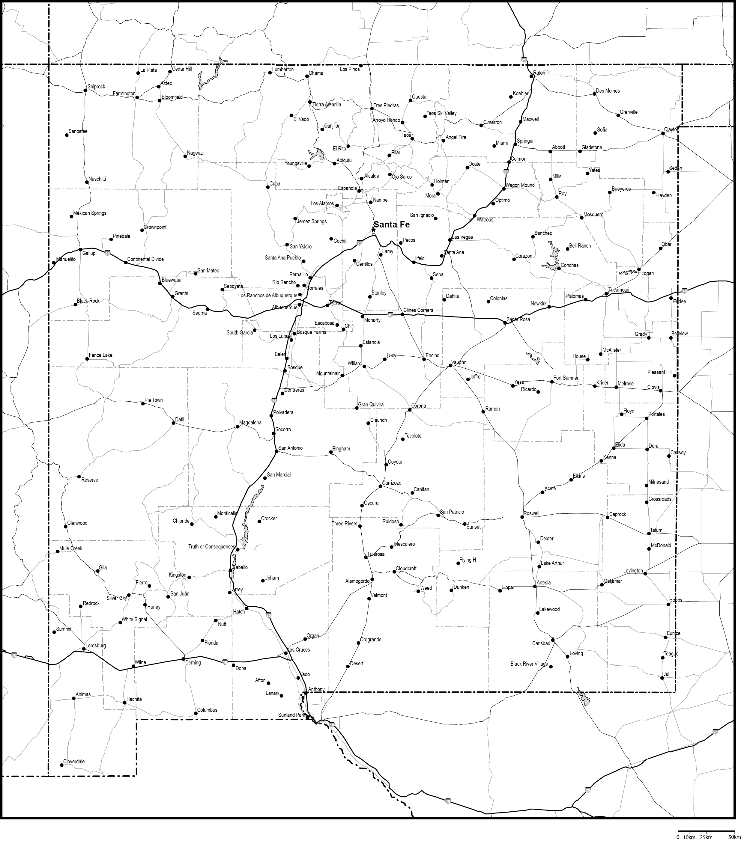 ニューメキシコ州郡分け白地図州都・主な都市・道路あり(英語)フリーデータの画像