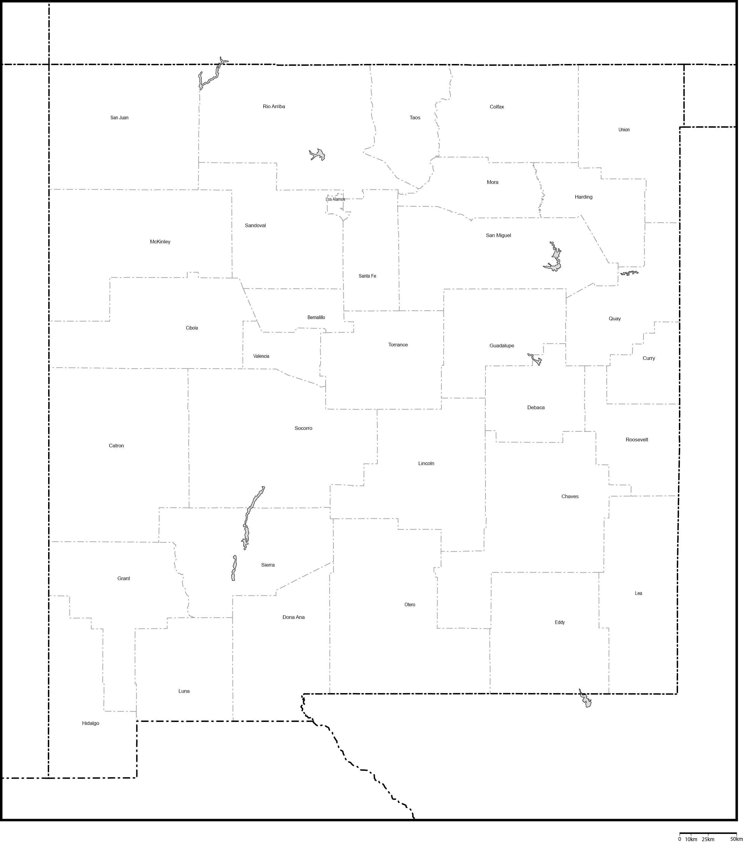 ニューメキシコ州郡分け白地図郡名あり(英語)フリーデータの画像