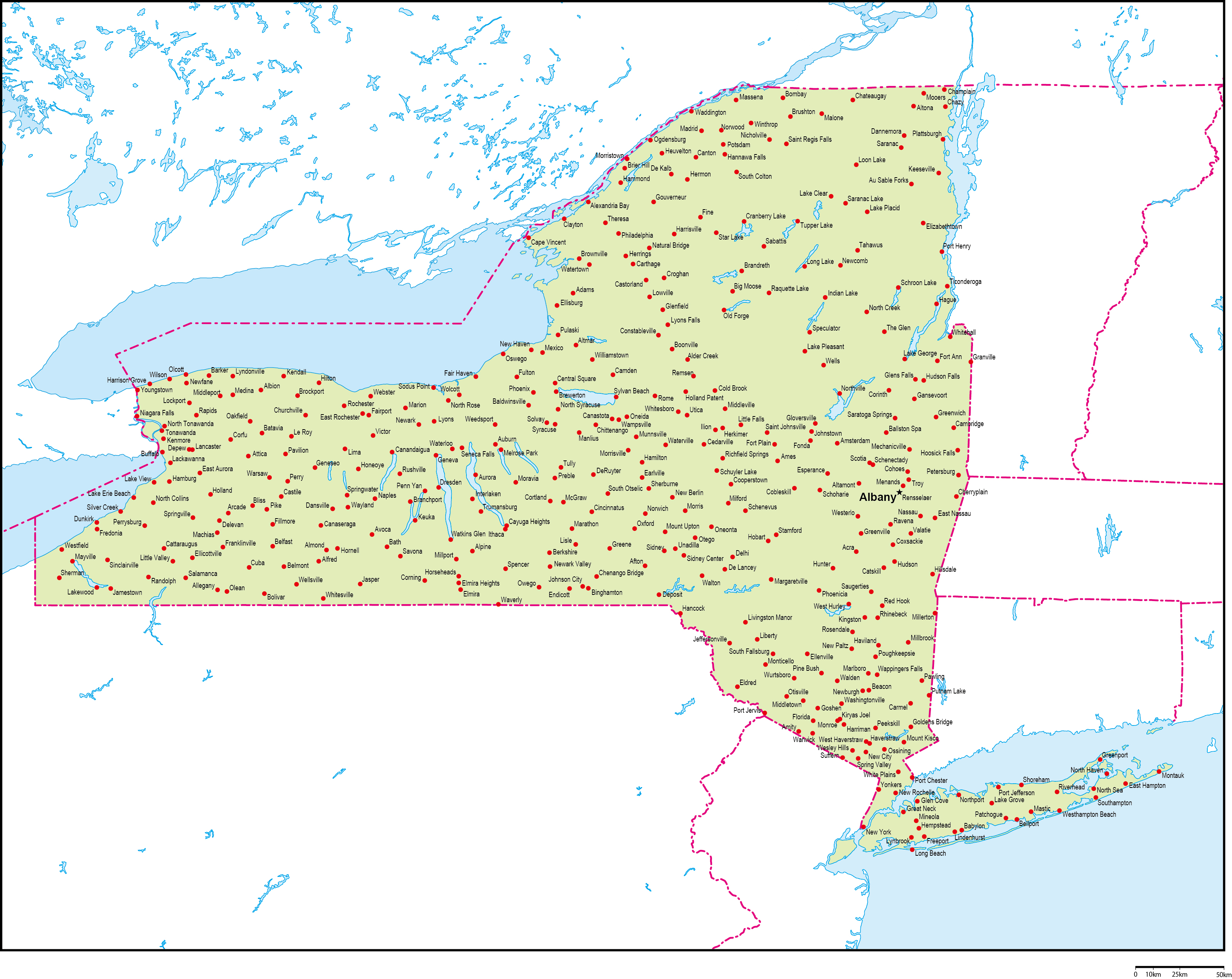 ニューヨーク州地図州都・主な都市あり(英語)フリーデータの画像