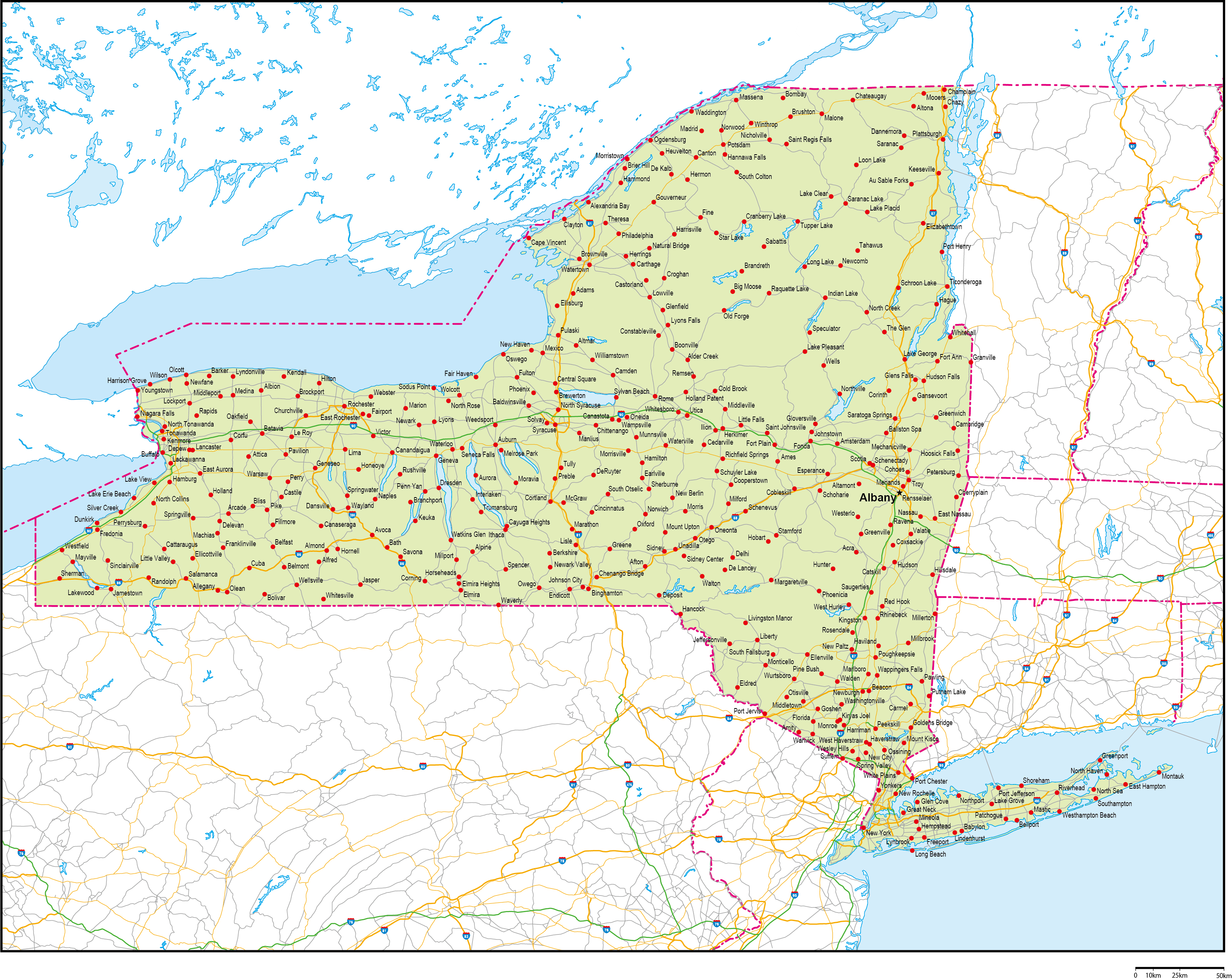 ニューヨーク州地図州都・主な都市・道路あり(英語)フリーデータの画像
