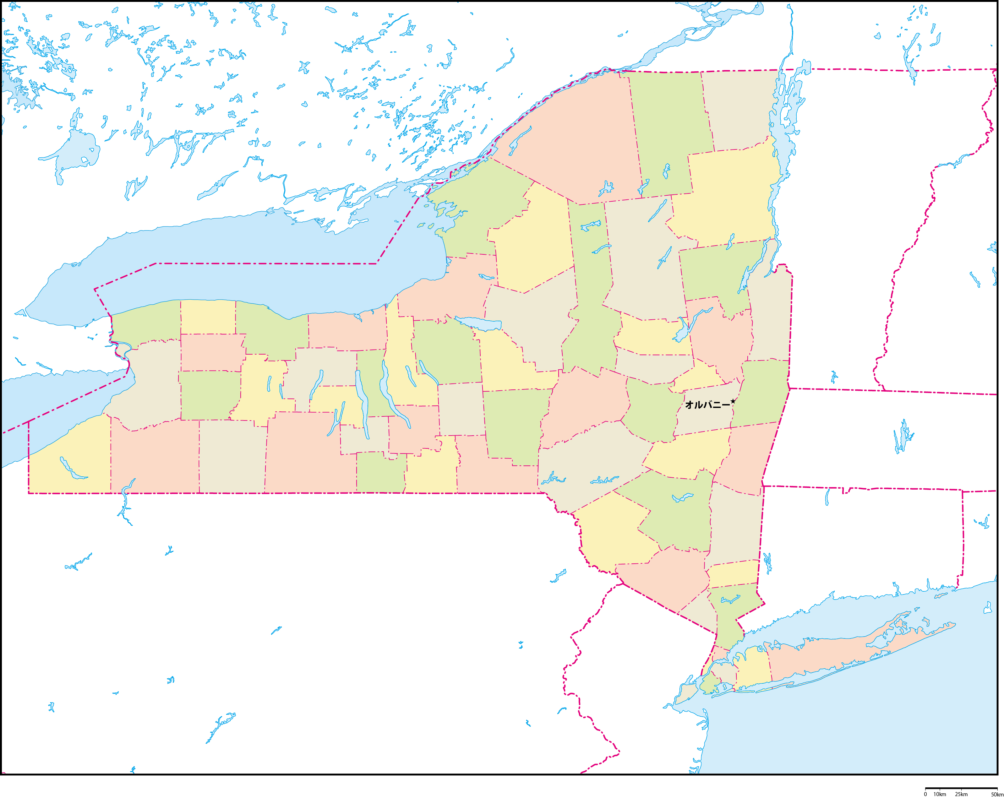ニューヨーク州郡色分け地図州都あり(日本語)フリーデータの画像