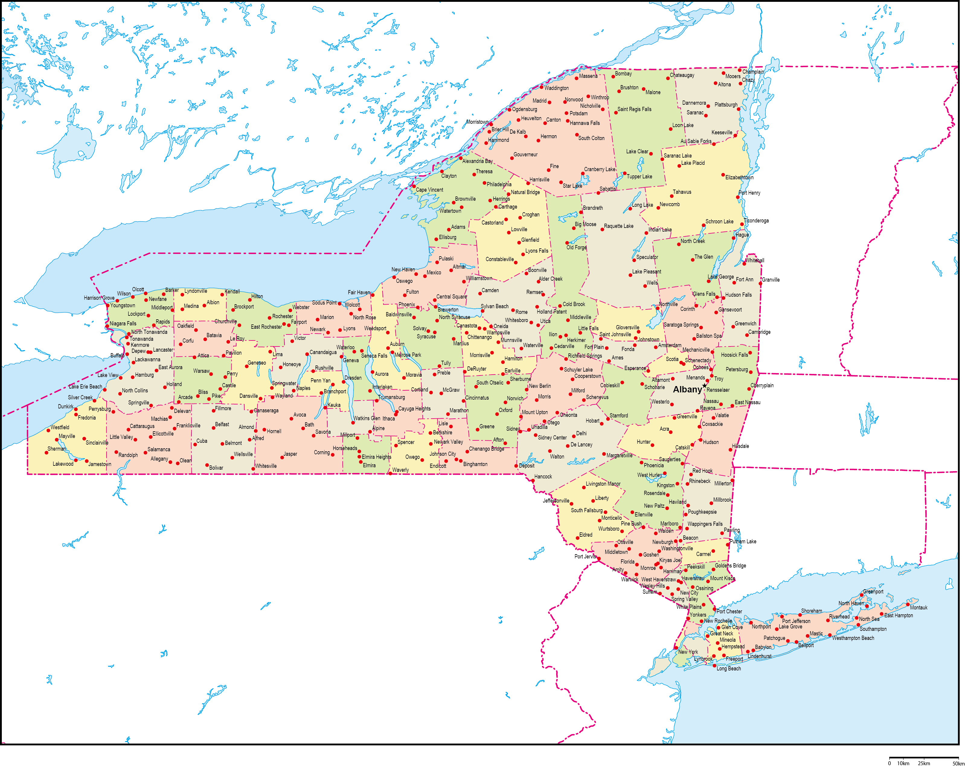 ニューヨーク州郡色分け地図州都・主な都市あり(英語)フリーデータの画像