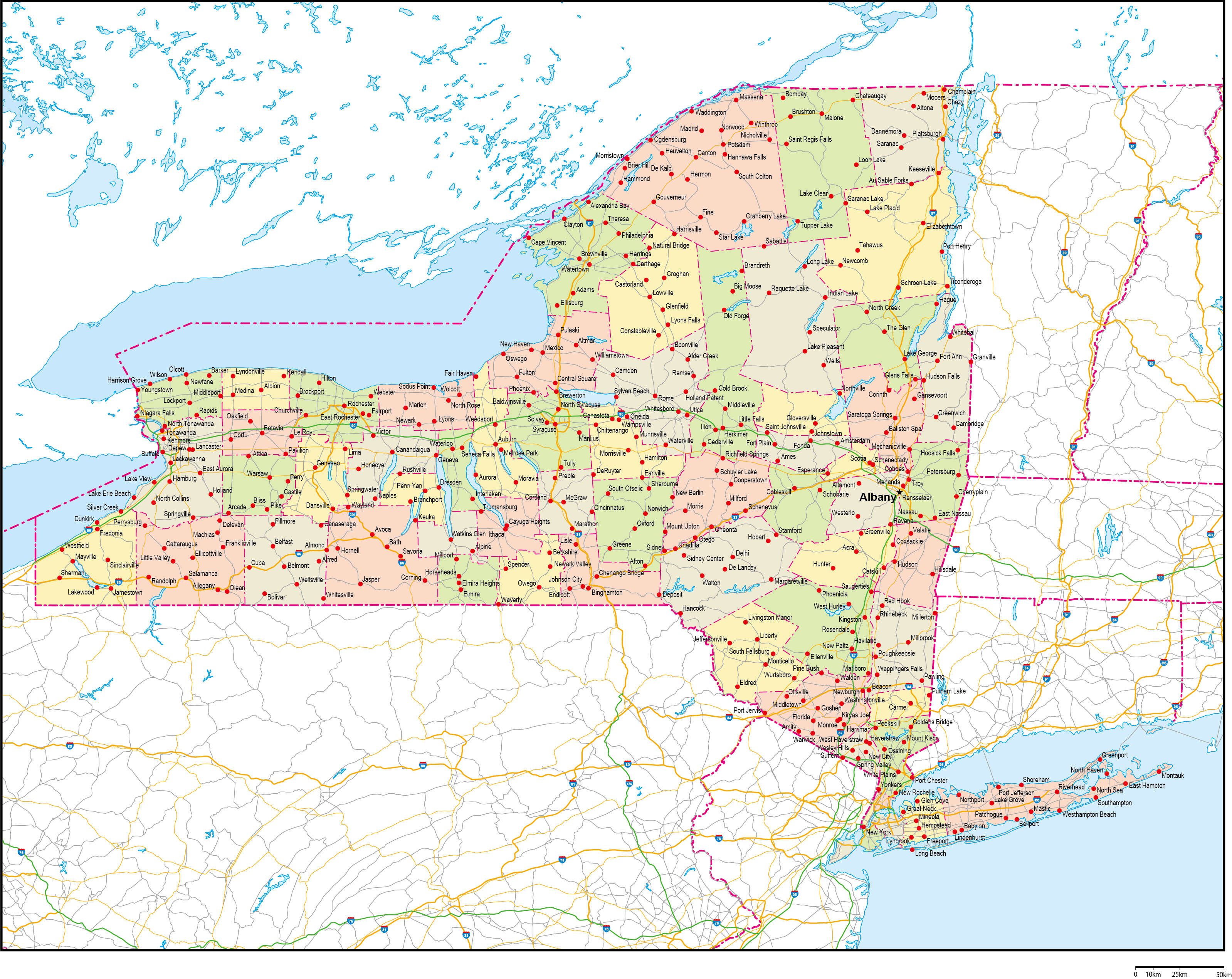 ニューヨーク州郡色分け地図州都・主な都市・道路あり(英語)フリーデータの画像
